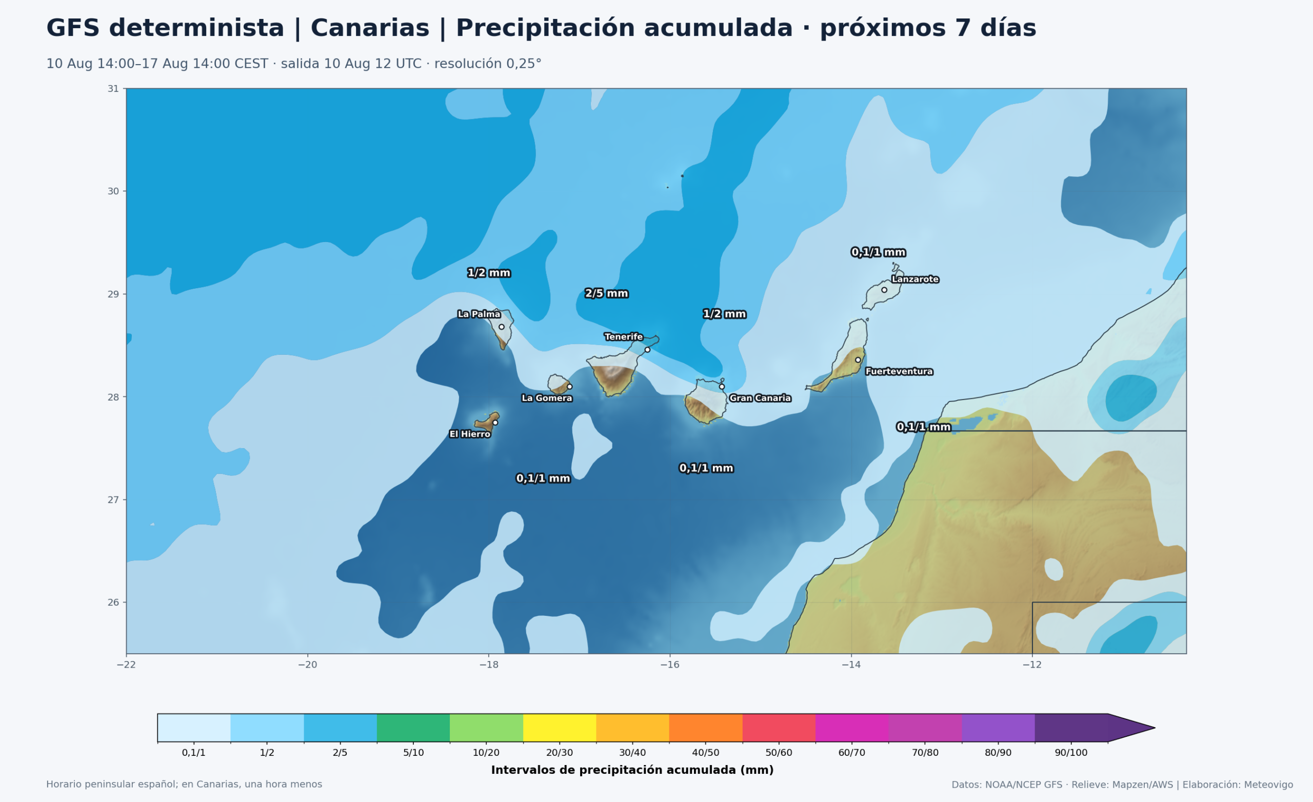 Mapa GFS de precipitación acumulada en Canarias durante los próximos siete días