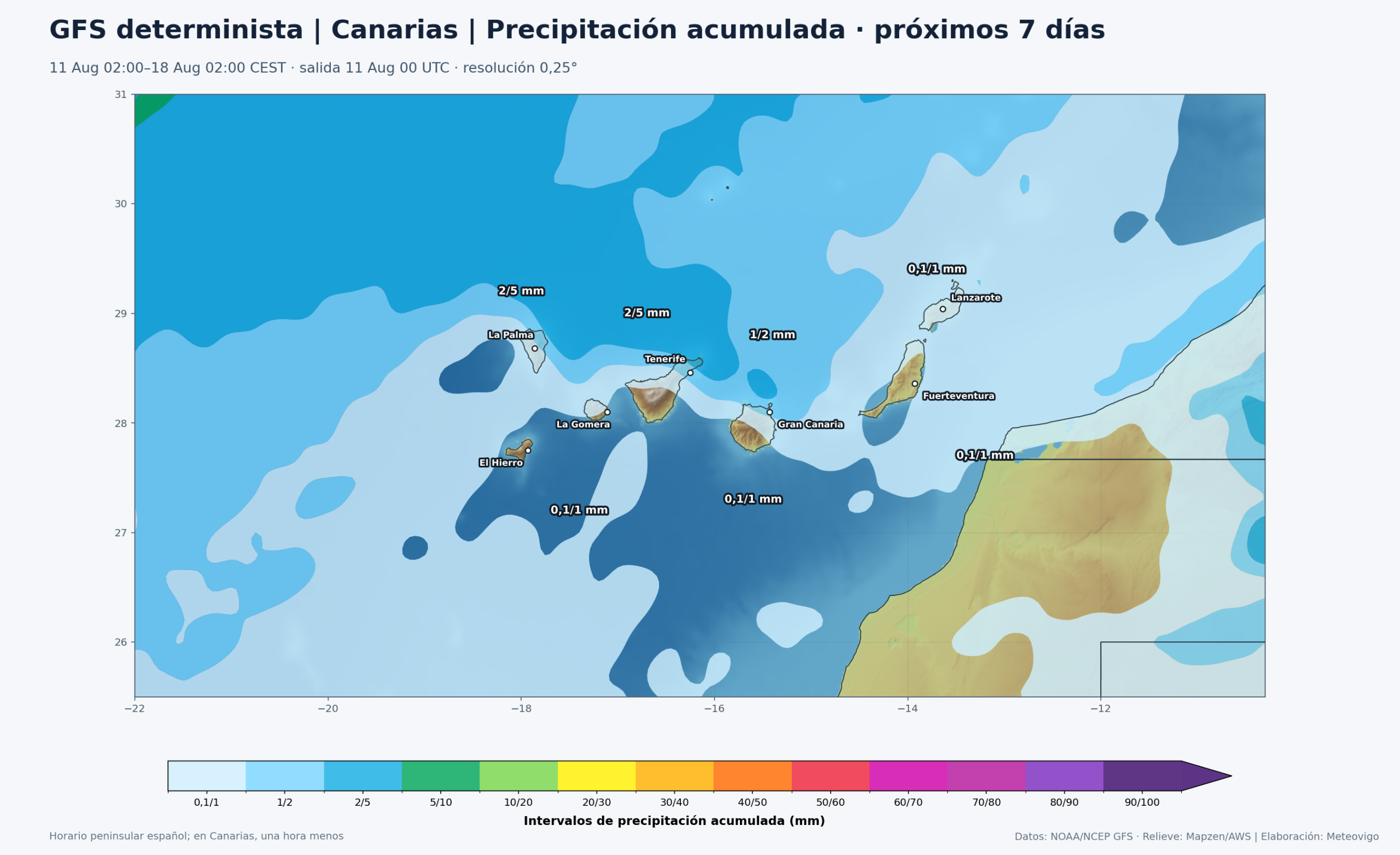 Mapa GFS de precipitación acumulada en Canarias durante los próximos siete días