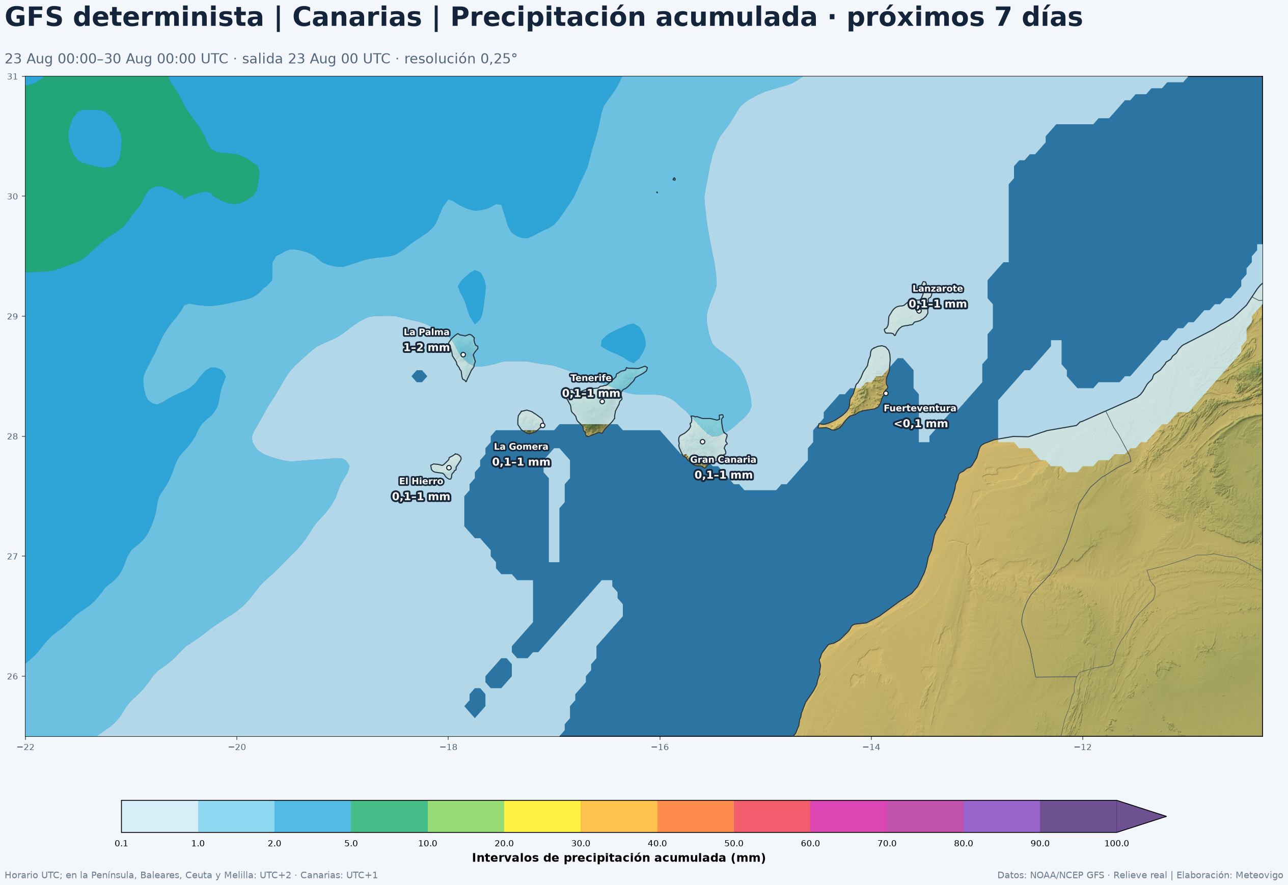 Precipitación acumulada prevista por el GFS determinista en Canarias del 23 al 30 de agosto de 2026