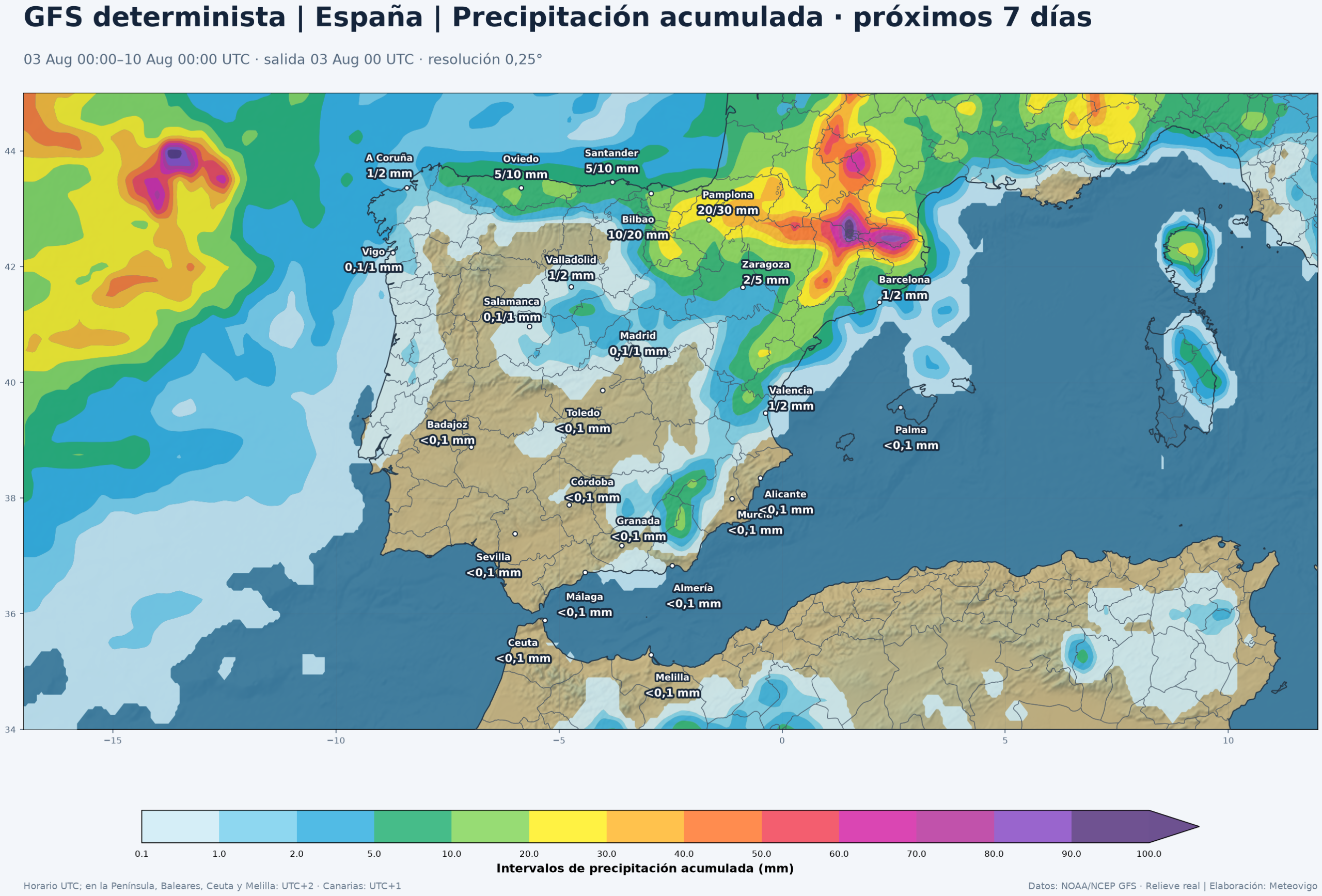Mapa de precipitación acumulada del GFS determinista para la Península, Baleares, Ceuta y Melilla del 3 al 10 de agosto de 2026