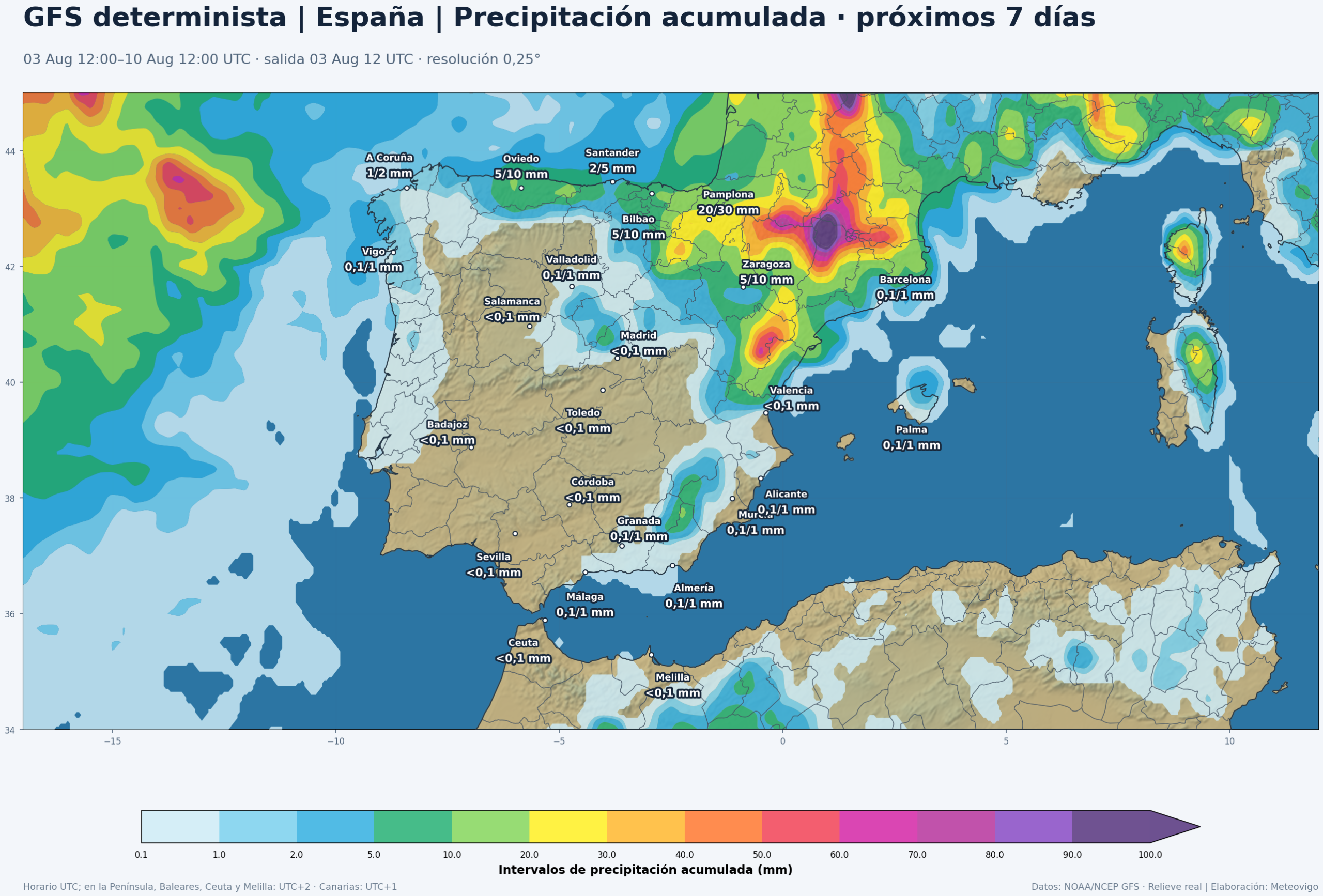 Precipitación acumulada prevista por el GFS en la Península, Baleares, Ceuta y Melilla durante los próximos siete días