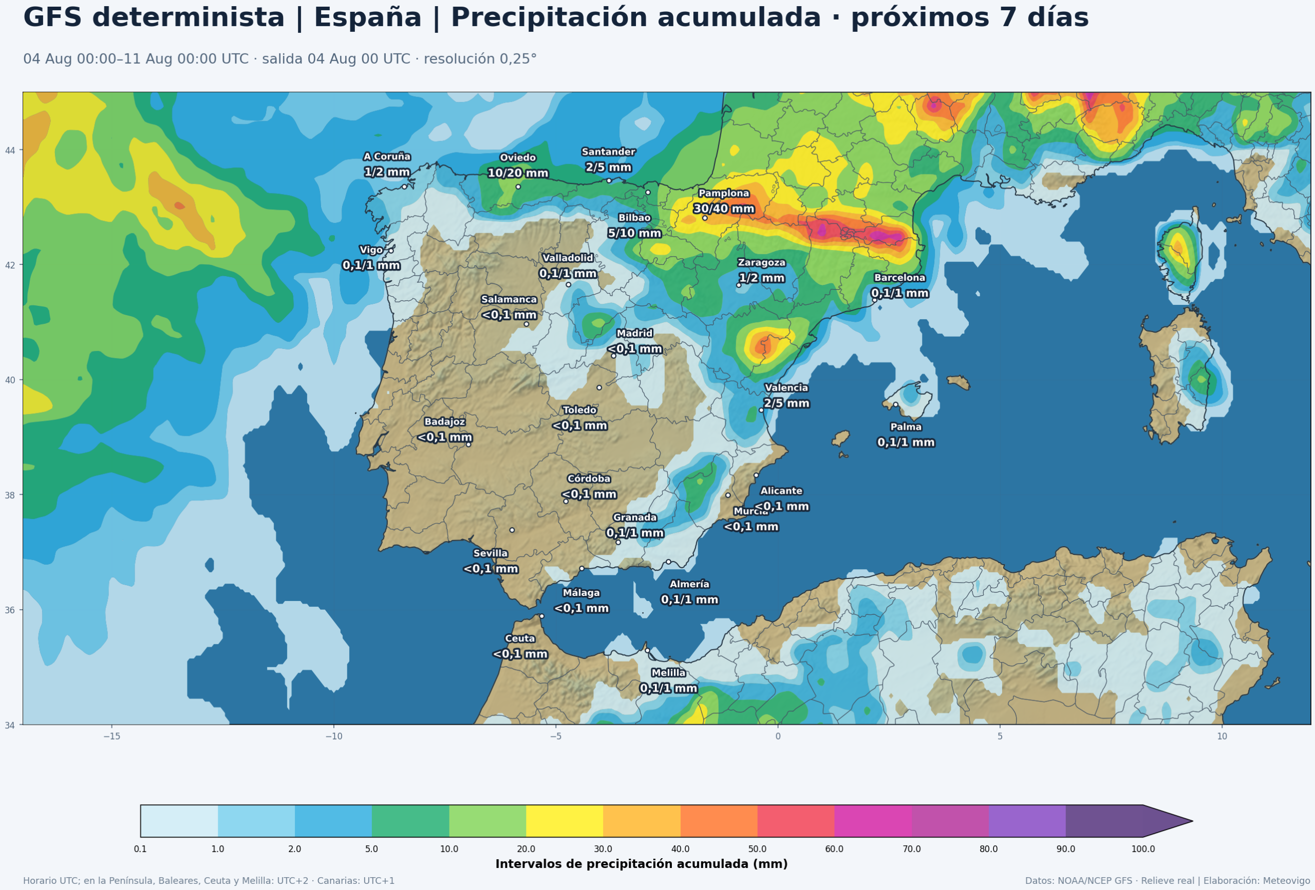 Mapa de precipitación acumulada del GFS determinista para la Península, Baleares, Ceuta y Melilla entre el 4 y el 11 de agosto de 2026