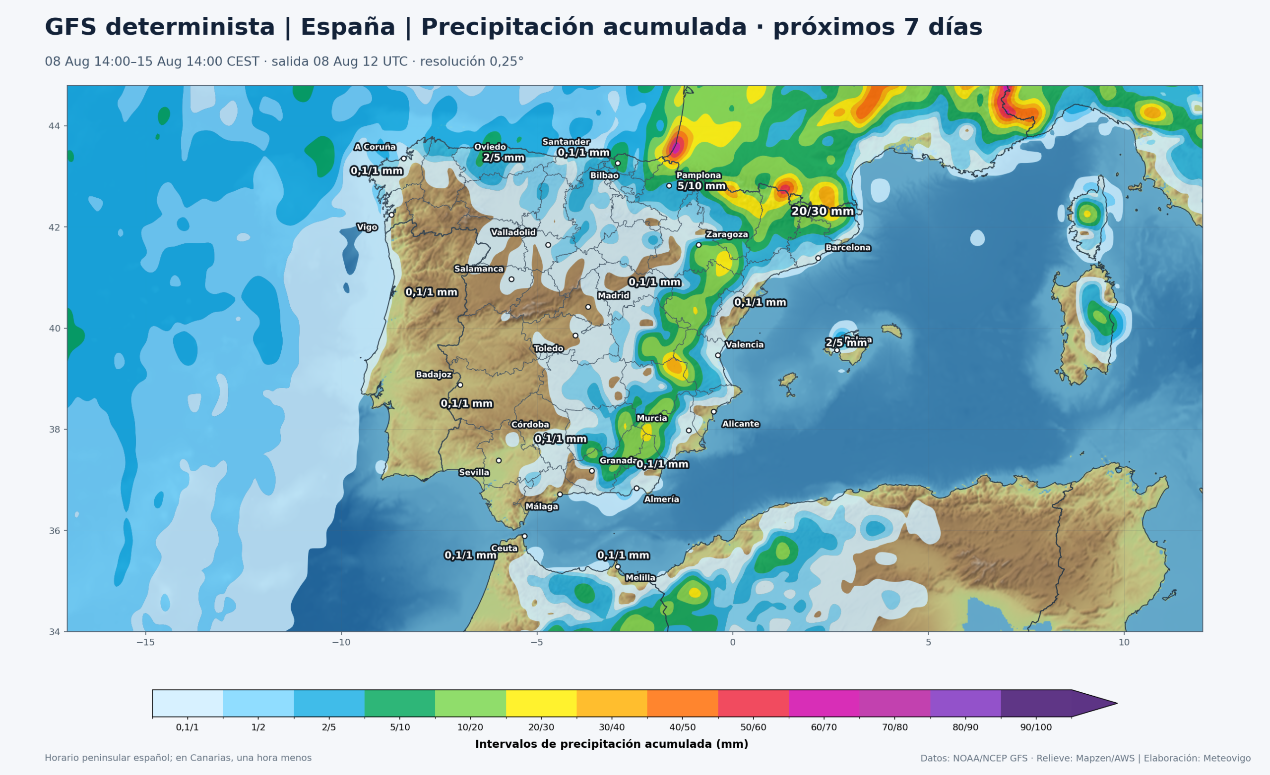 Mapa GFS de precipitación acumulada en la Península, Baleares, Ceuta y Melilla durante los próximos siete días