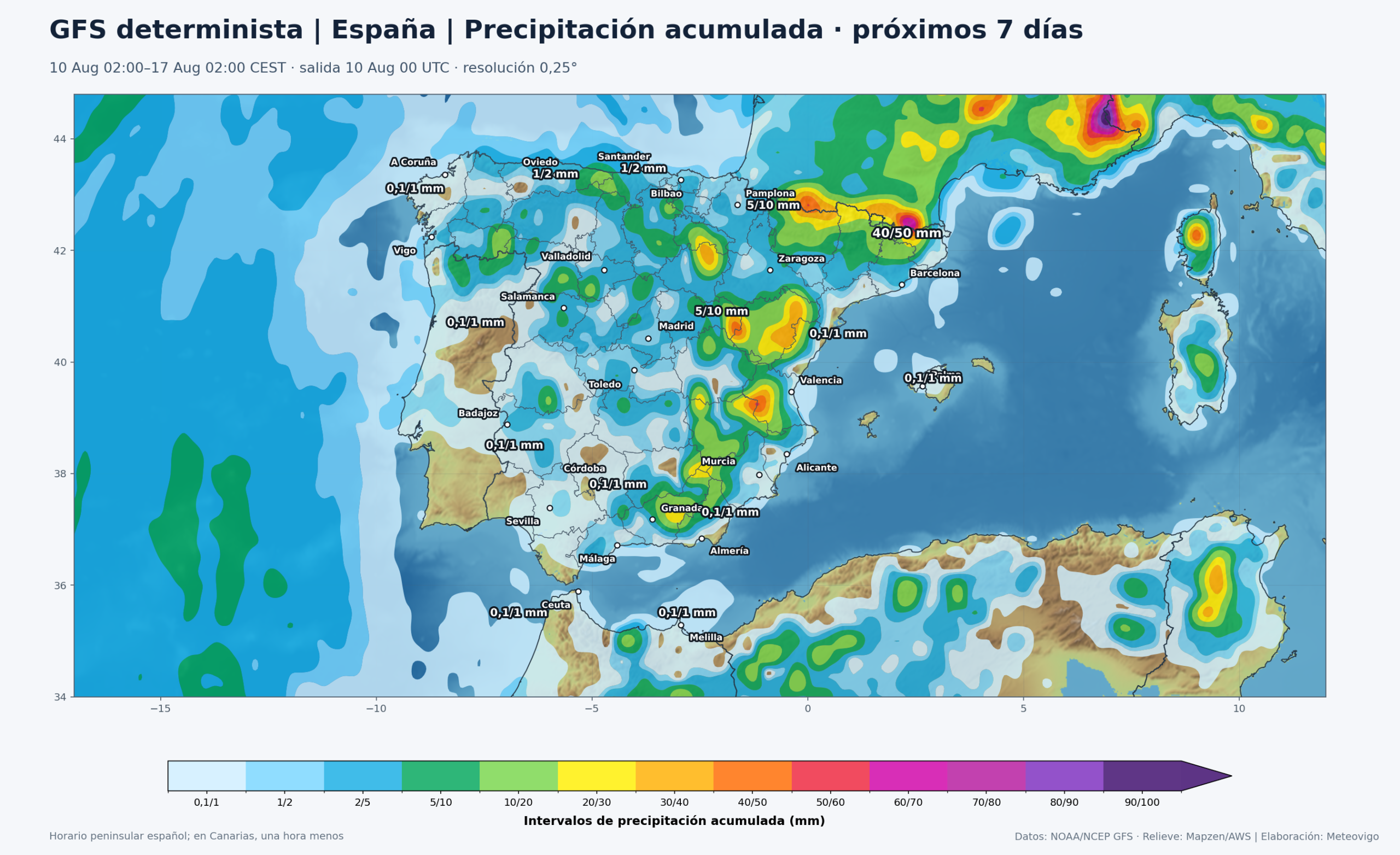 Mapa GFS de precipitaci&oacute;n acumulada en la Pen&iacute;nsula, Baleares, Ceuta y Melilla del 10 al 17 de agosto de 2026