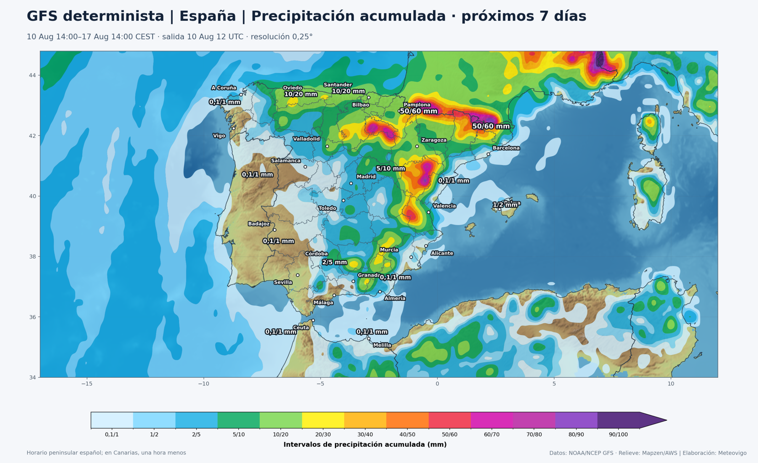 Mapa GFS de precipitación acumulada en la Península, Baleares, Ceuta y Melilla durante los próximos siete días