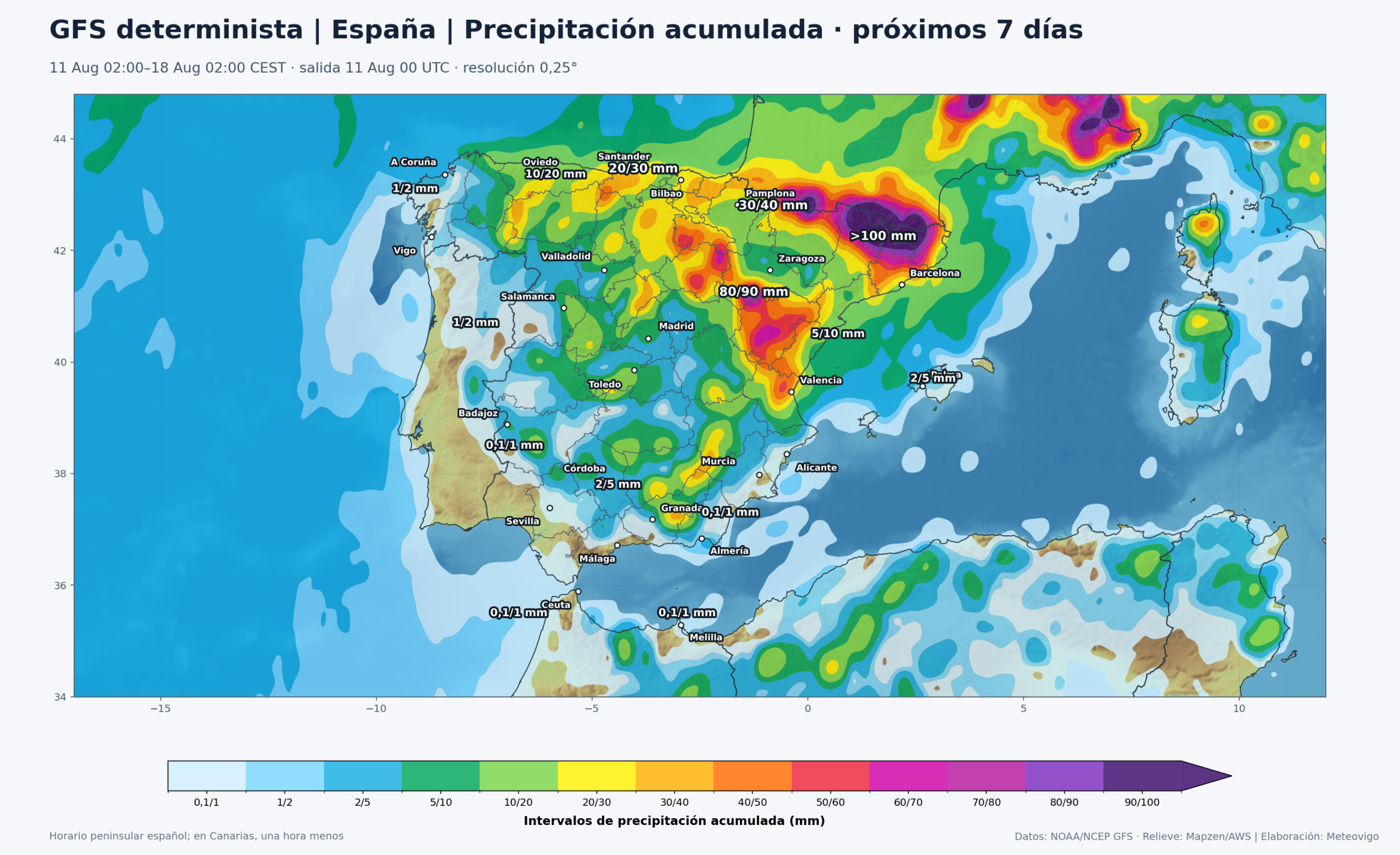 Mapa GFS de precipitación acumulada en la Península, Baleares, Ceuta y Melilla durante los próximos siete días