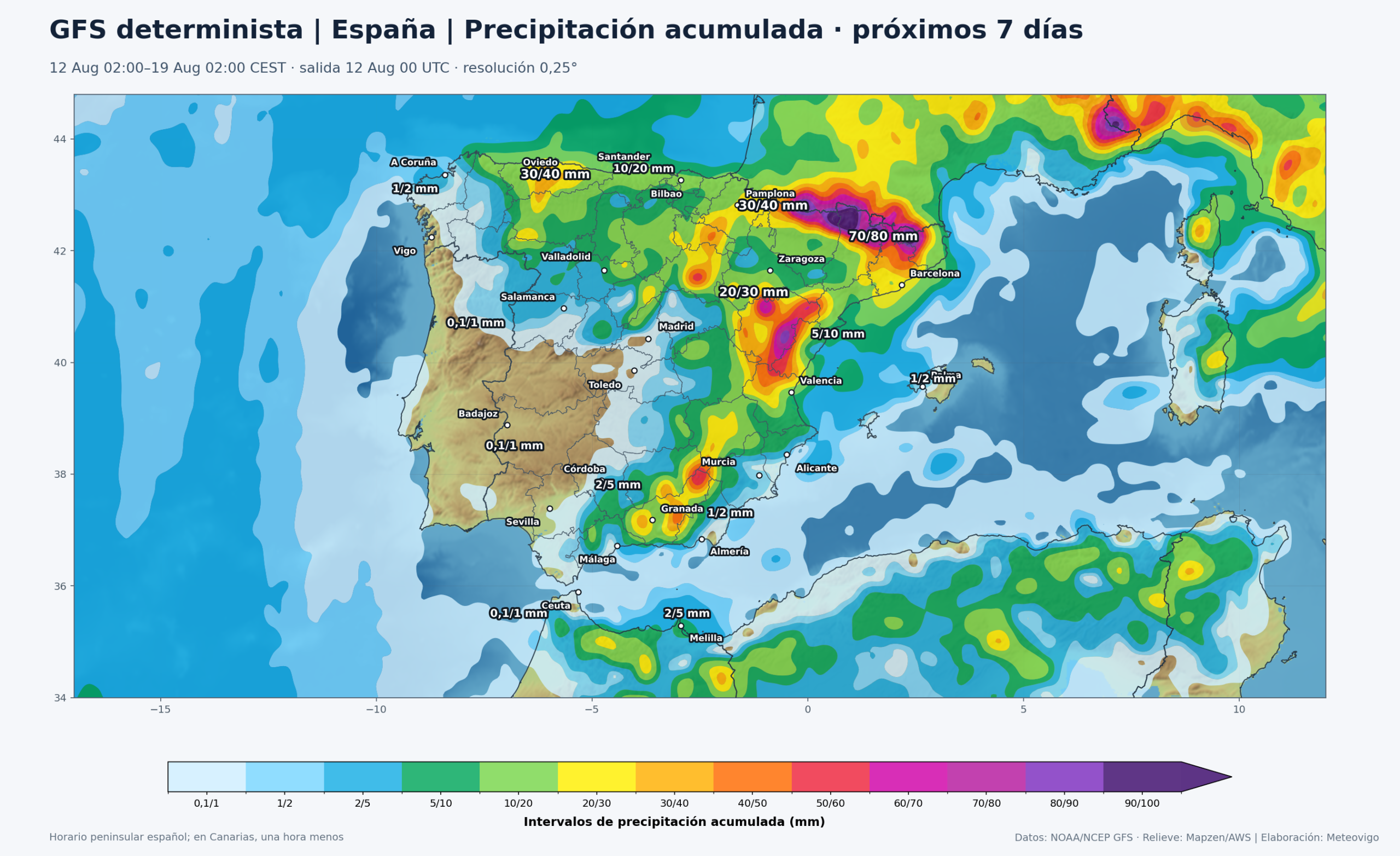 Mapa GFS de precipitación acumulada en la Península, Baleares, Ceuta y Melilla del 12 al 19 de agosto de 2026