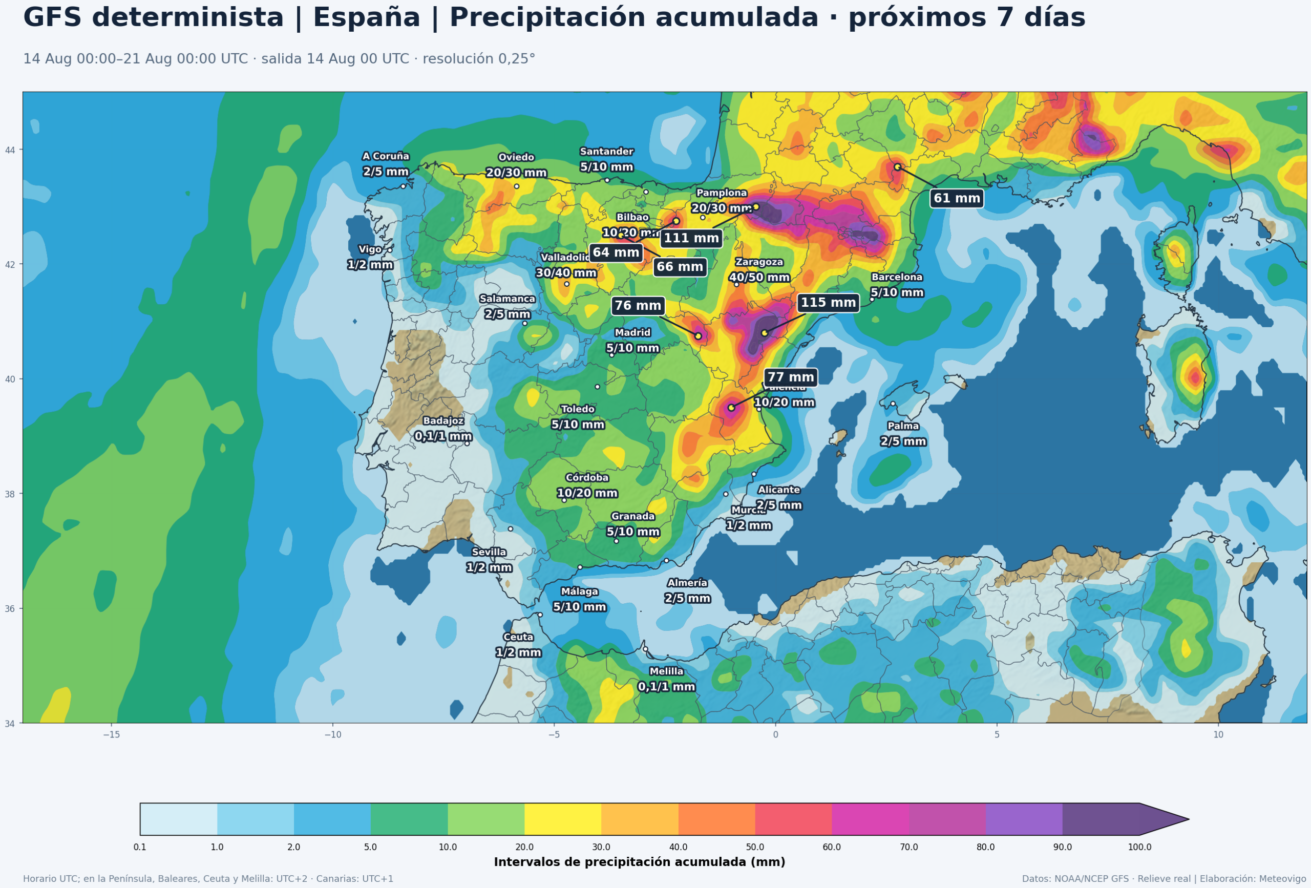 Precipitaci&oacute;n acumulada prevista por el GFS en la Pen&iacute;nsula, Baleares, Ceuta y Melilla del 14 al 21 de agosto de 2026