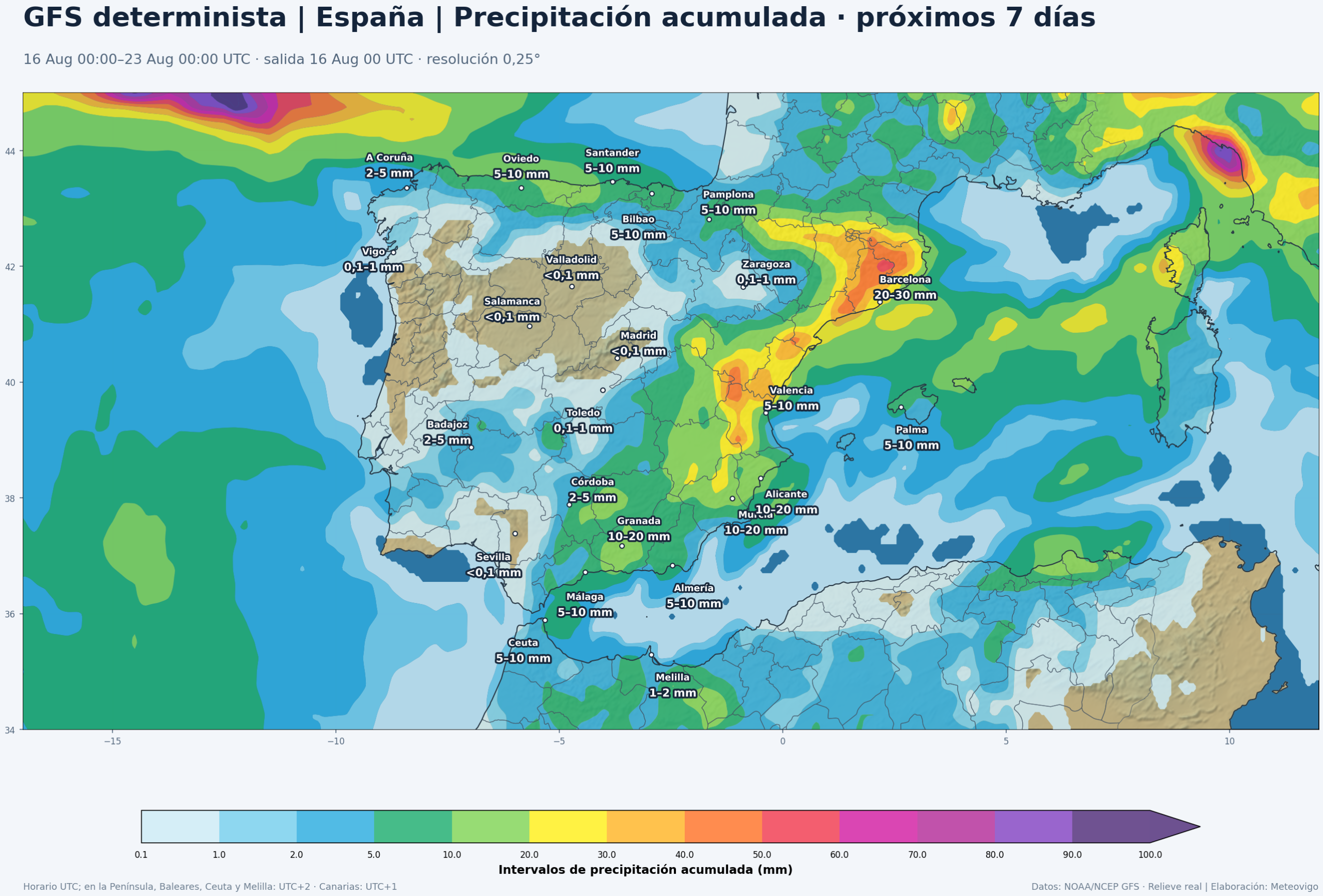 Precipitación acumulada prevista por el GFS en la Península, Baleares, Ceuta y Melilla del 16 al 23 de agosto de 2026