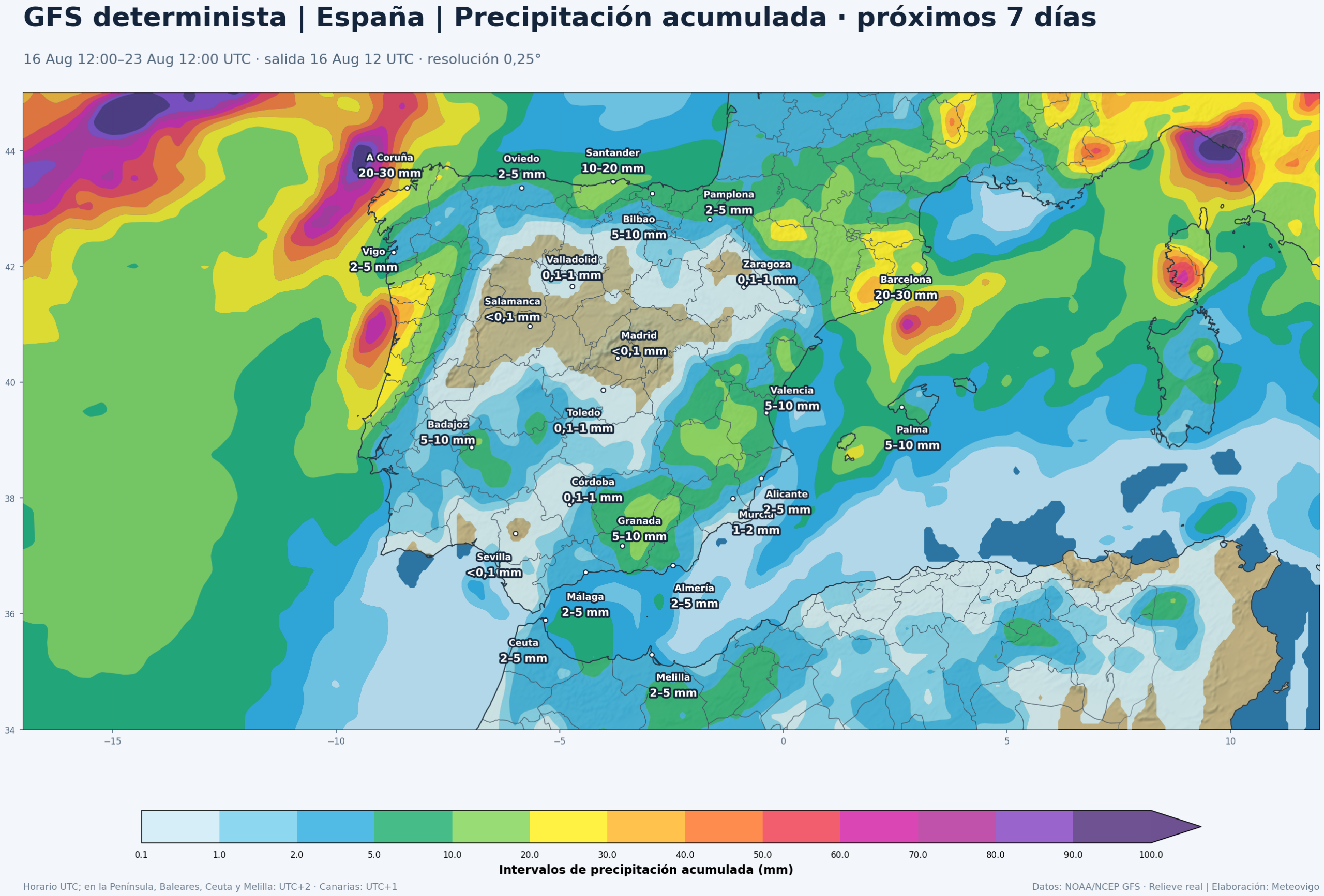 Precipitación acumulada prevista por el GFS en la Península, Baleares, Ceuta y Melilla del 16 al 23 de agosto de 2026