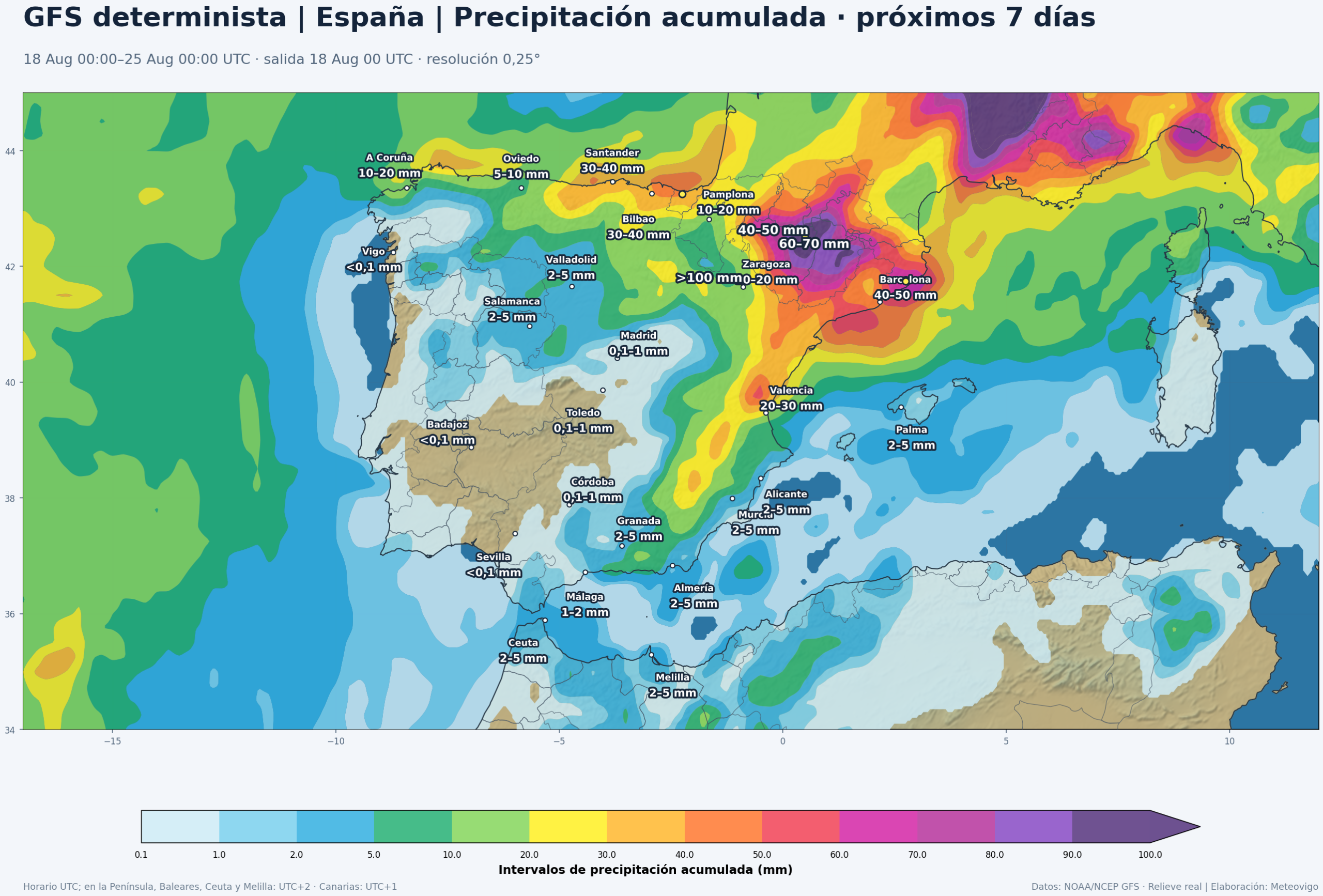 Precipitación acumulada prevista por el GFS en la Península, Baleares, Ceuta y Melilla del 18 al 25 de agosto de 2026