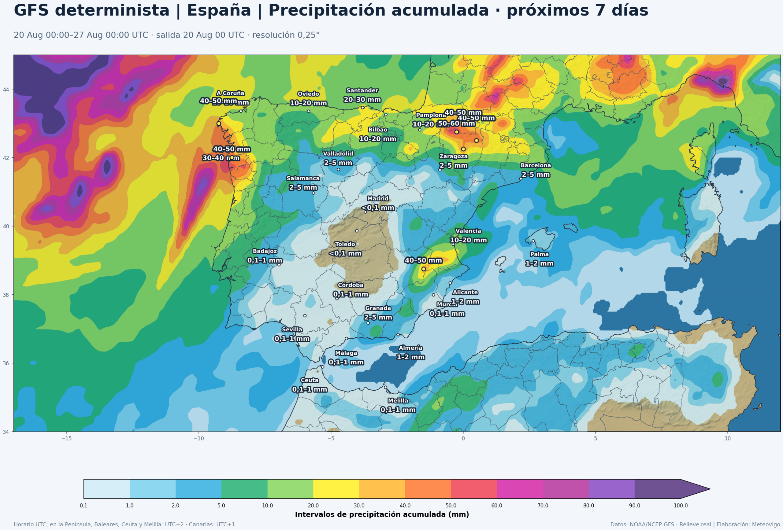 Precipitaci&oacute;n acumulada prevista por el GFS determinista en la Pen&iacute;nsula, Baleares, Ceuta y Melilla del 20 al 27 de agosto de 2026