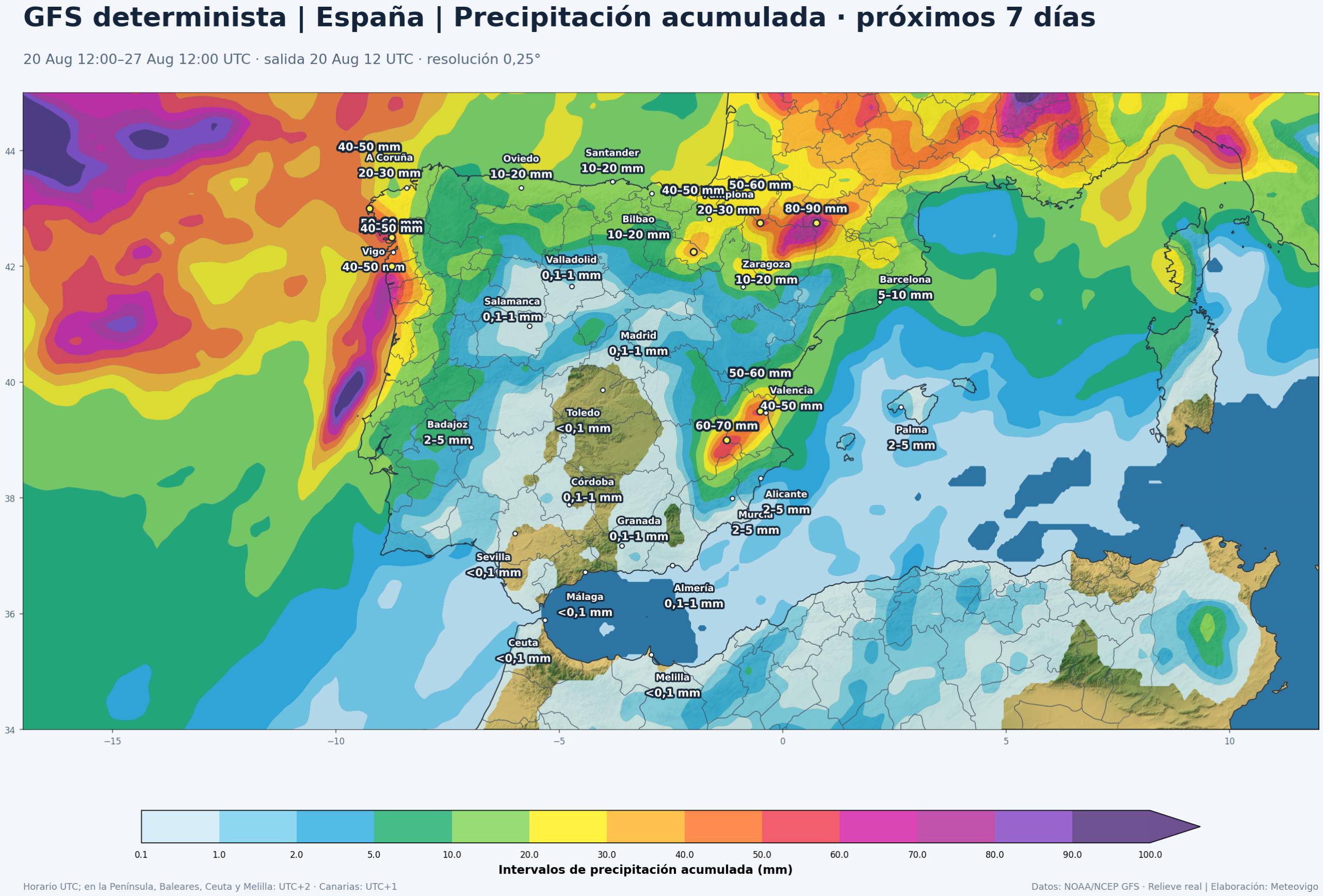 Precipitación acumulada prevista por el GFS determinista en la Península, Baleares, Ceuta y Melilla del 20 al 27 de agosto de 2026 con la salida de las 12 UTC