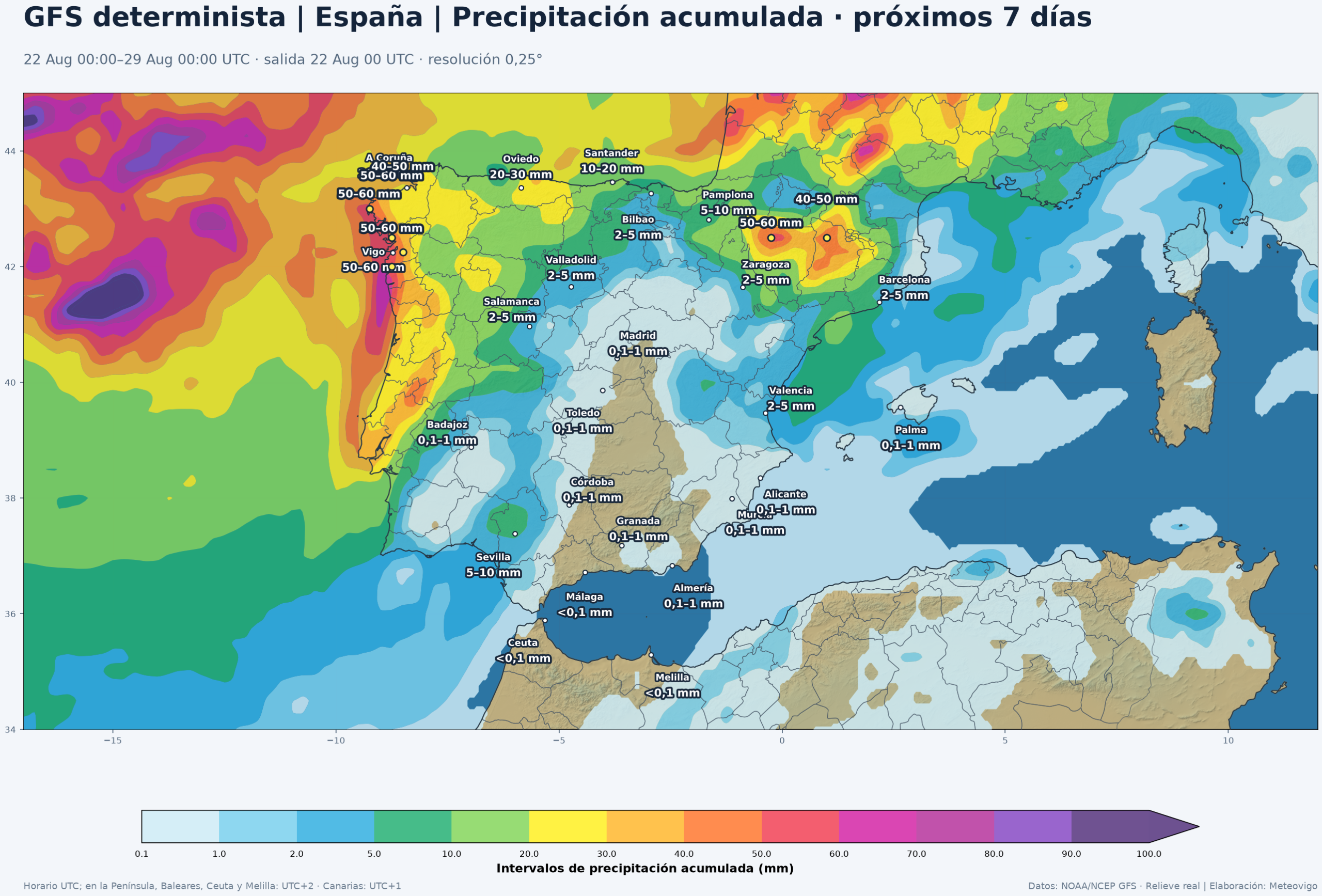 Precipitaci&oacute;n acumulada prevista por el GFS determinista en la Pen&iacute;nsula, Baleares, Ceuta y Melilla del 22 al 29 de agosto de 2026
