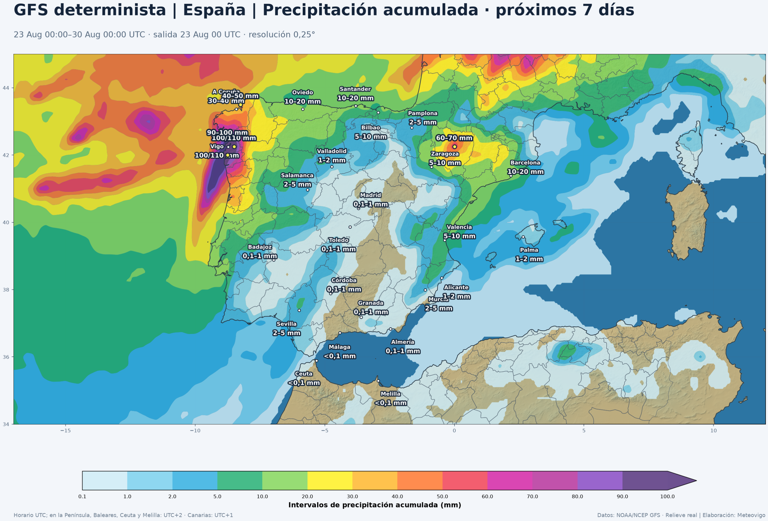 Precipitación acumulada prevista por el GFS determinista en la Península, Baleares, Ceuta y Melilla del 23 al 30 de agosto de 2026
