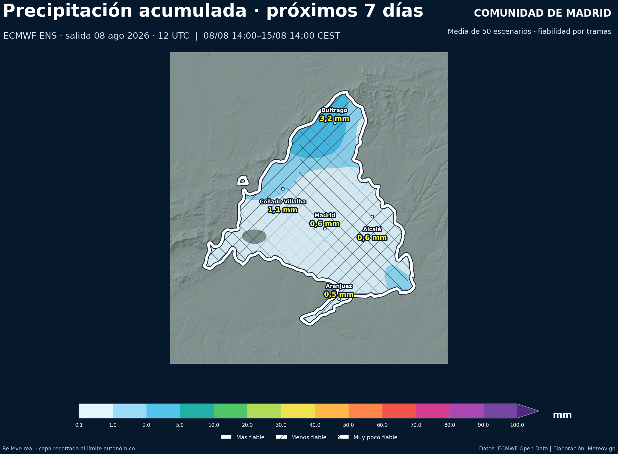 Mapa ECMWF ENS de precipitación acumulada durante siete días en la Comunidad de Madrid