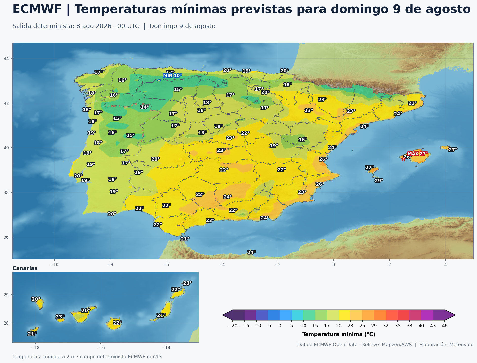 Temperaturas mínimas previstas en España para el domingo 9 de agosto según el modelo europeo