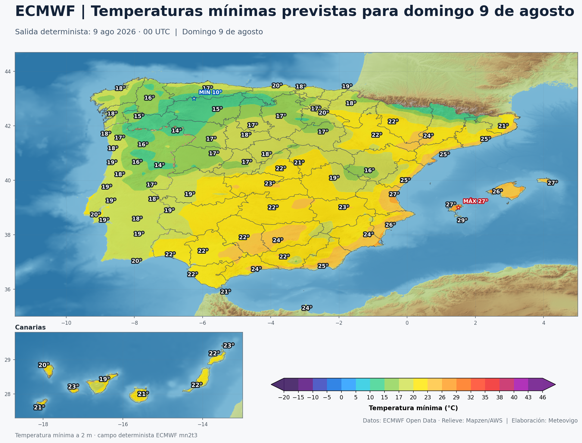 Temperaturas mínimas previstas en España para el domingo 9 de agosto según el modelo europeo
