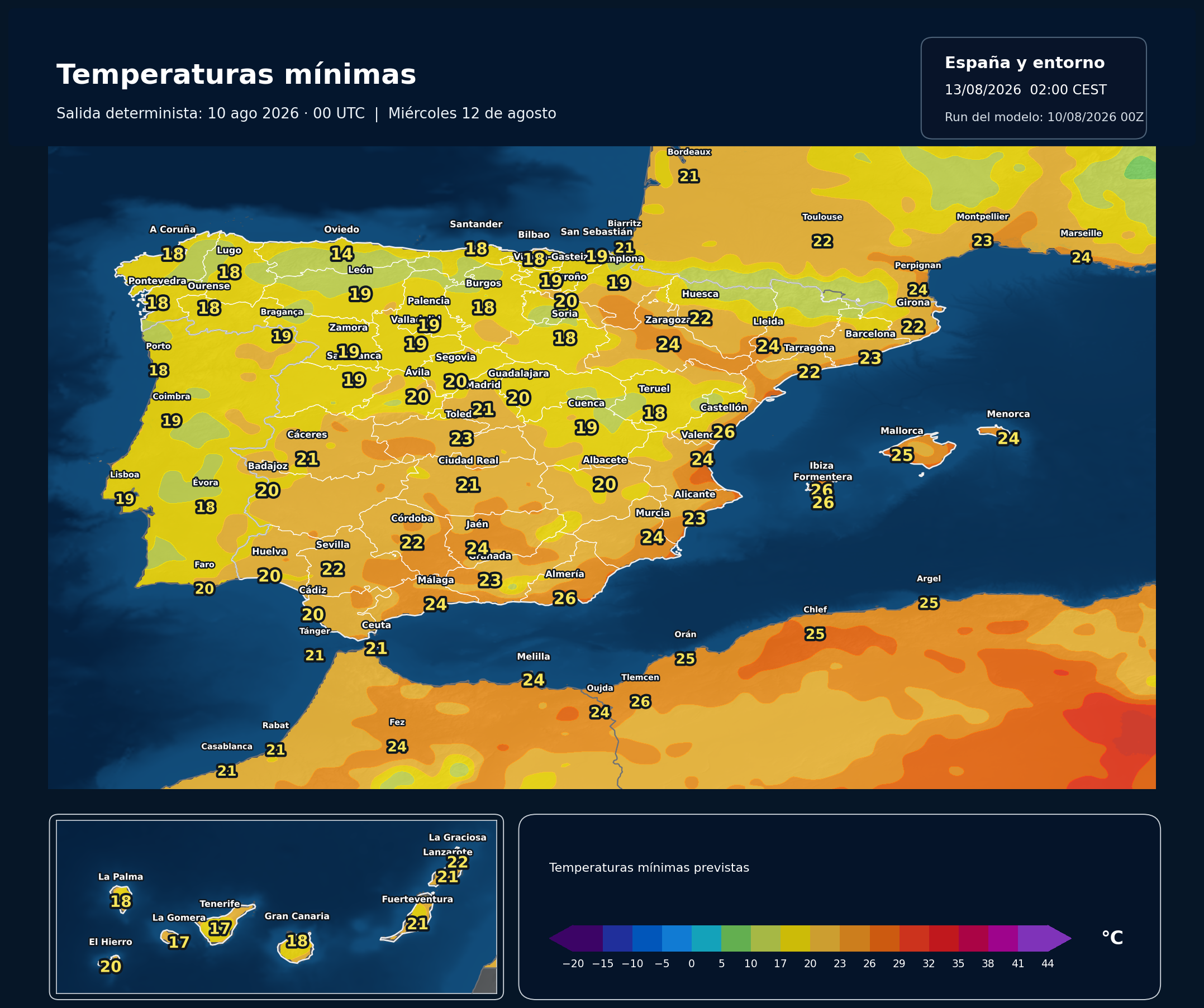 Temperaturas m&iacute;nimas previstas en Espa&ntilde;a para el mi&eacute;rcoles 12 de agosto seg&uacute;n el modelo europeo