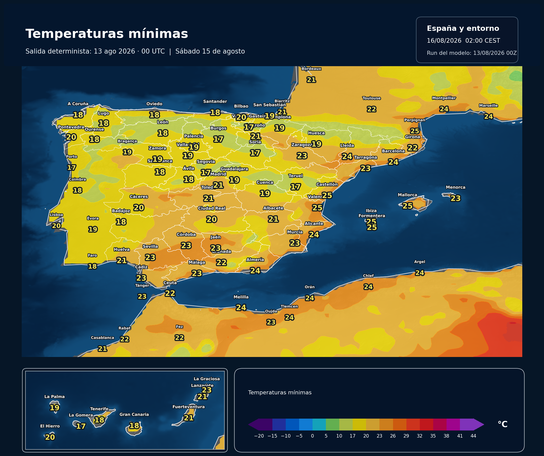 Temperaturas mínimas previstas en España para el sábado 15 de agosto