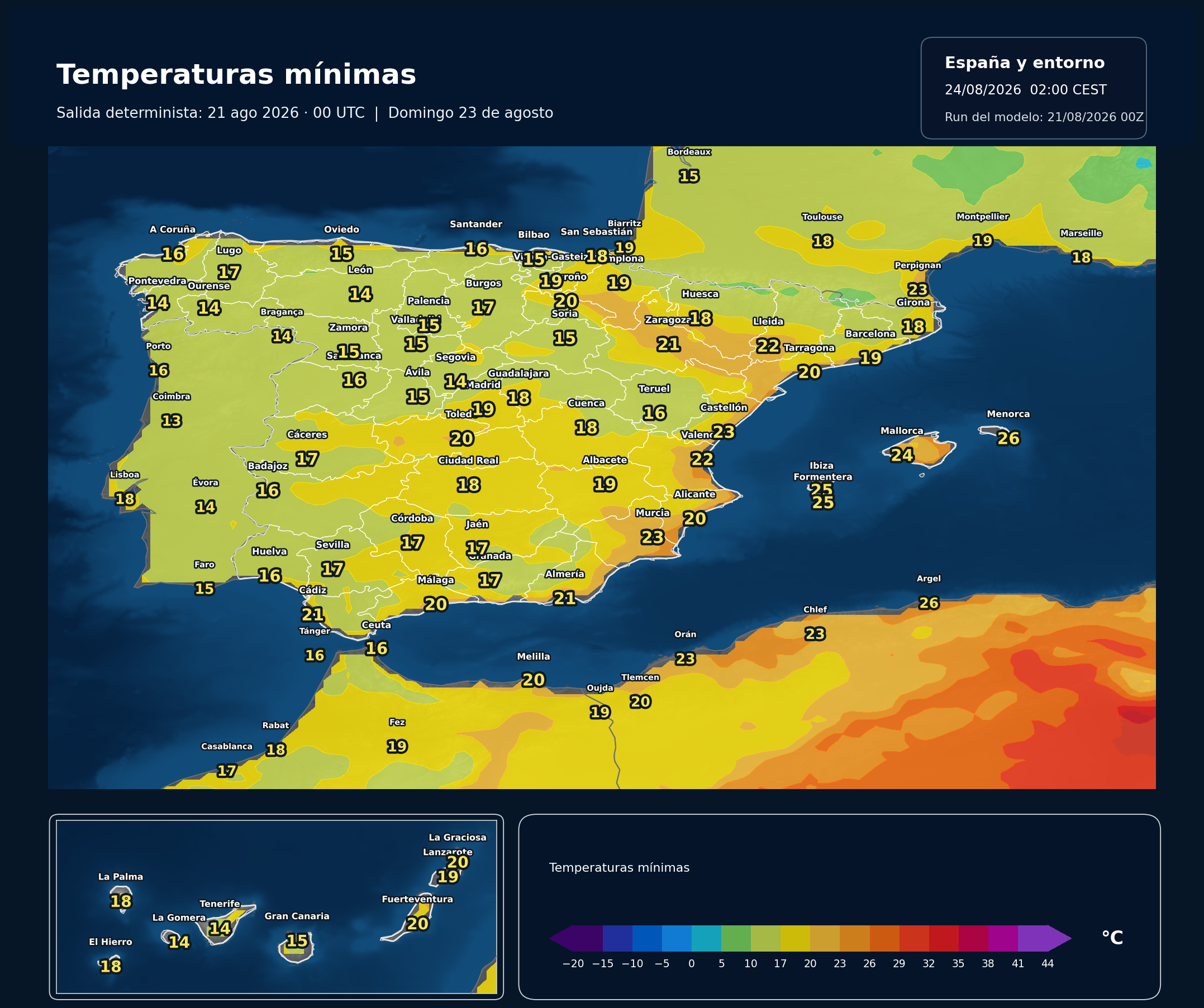 Temperaturas mínimas previstas en España para el domingo 23 de agosto de 2026 según el modelo europeo