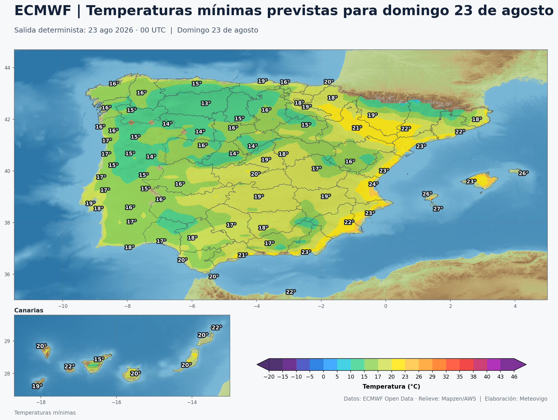 Temperaturas m&iacute;nimas previstas en Espa&ntilde;a para el domingo 23 de agosto de 2026 seg&uacute;n el modelo europeo