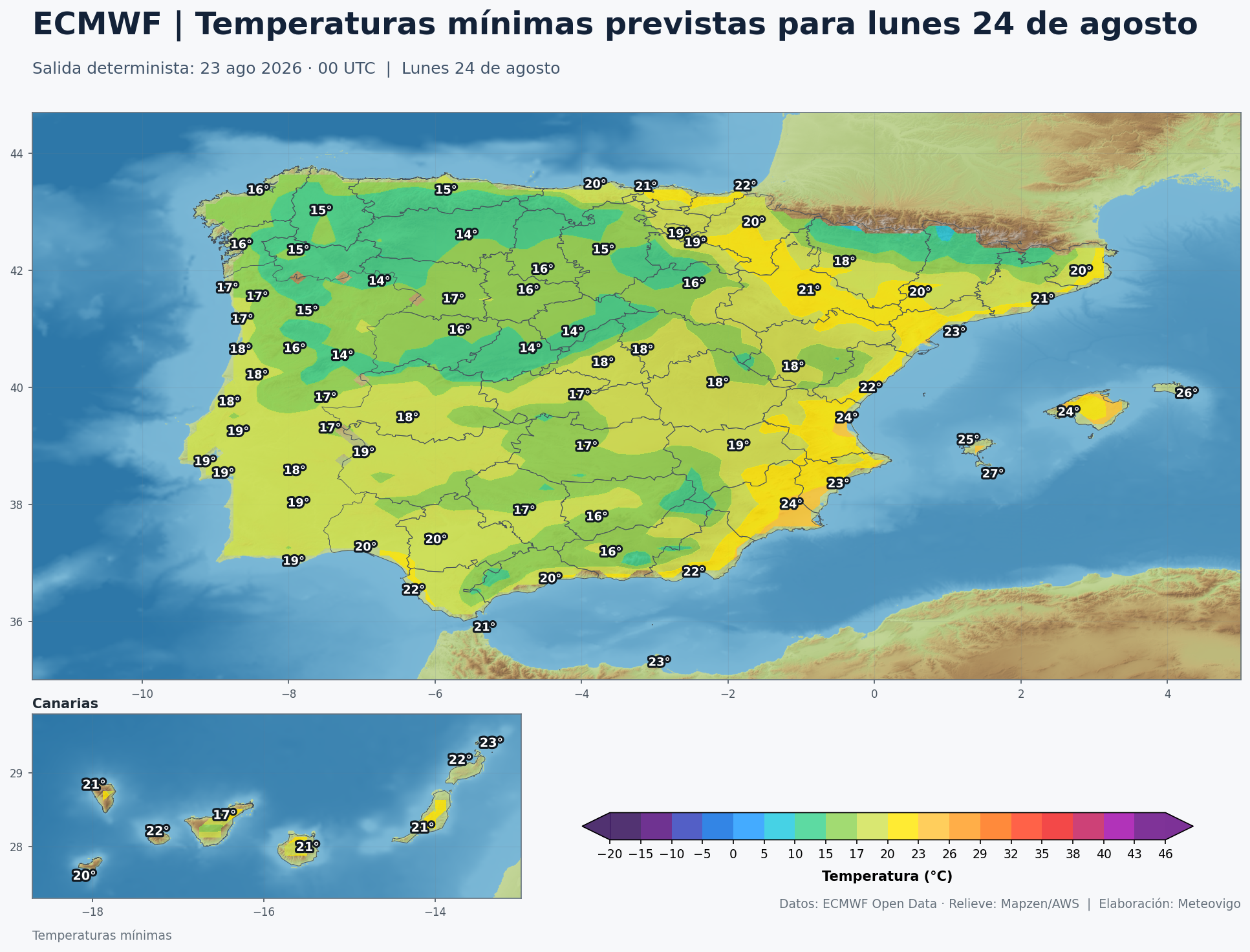 Temperaturas m&iacute;nimas previstas en Espa&ntilde;a para el lunes 24 de agosto de 2026 seg&uacute;n el modelo europeo