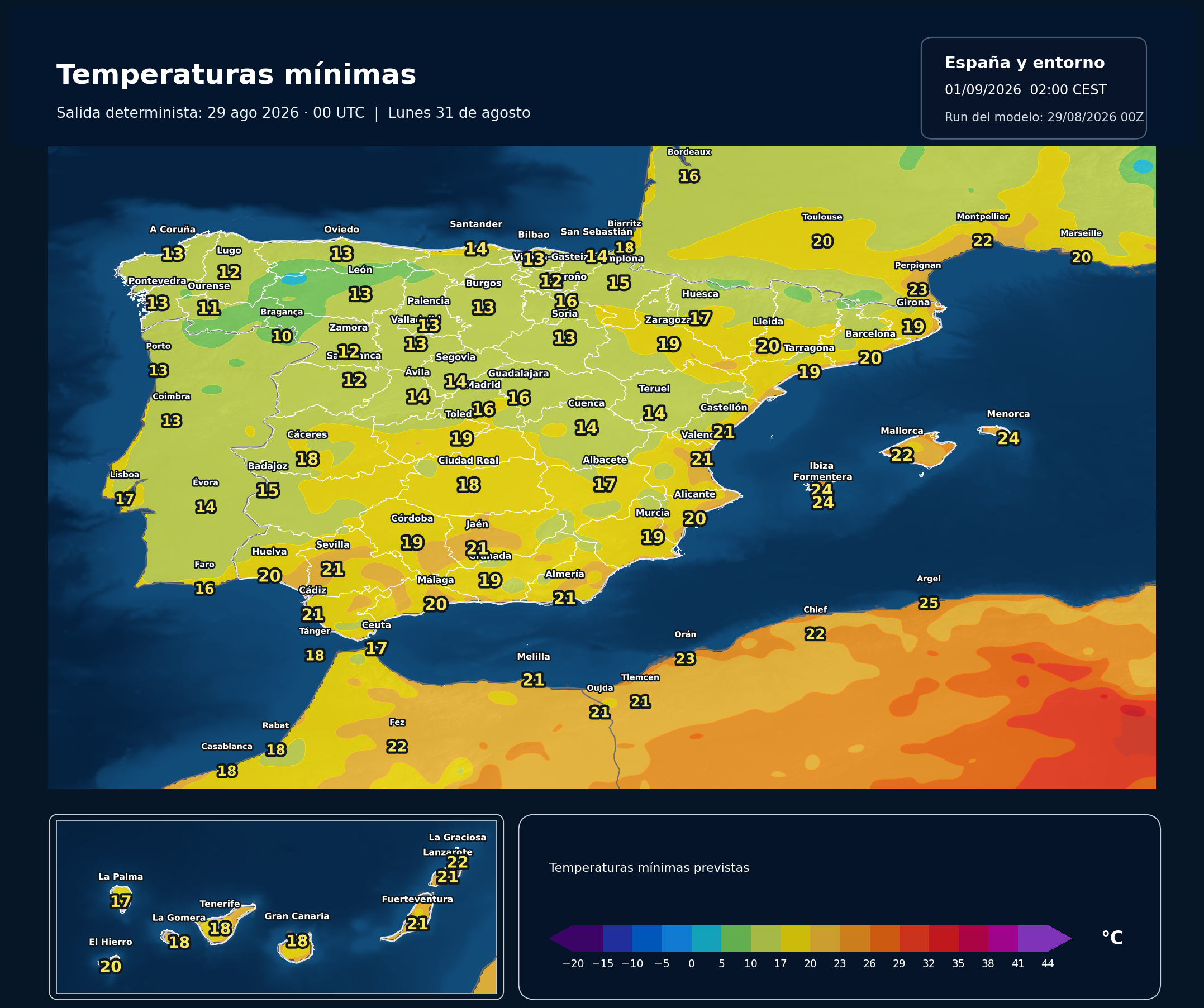 Temperaturas mínimas previstas en España para el lunes 31 de agosto según el modelo europeo