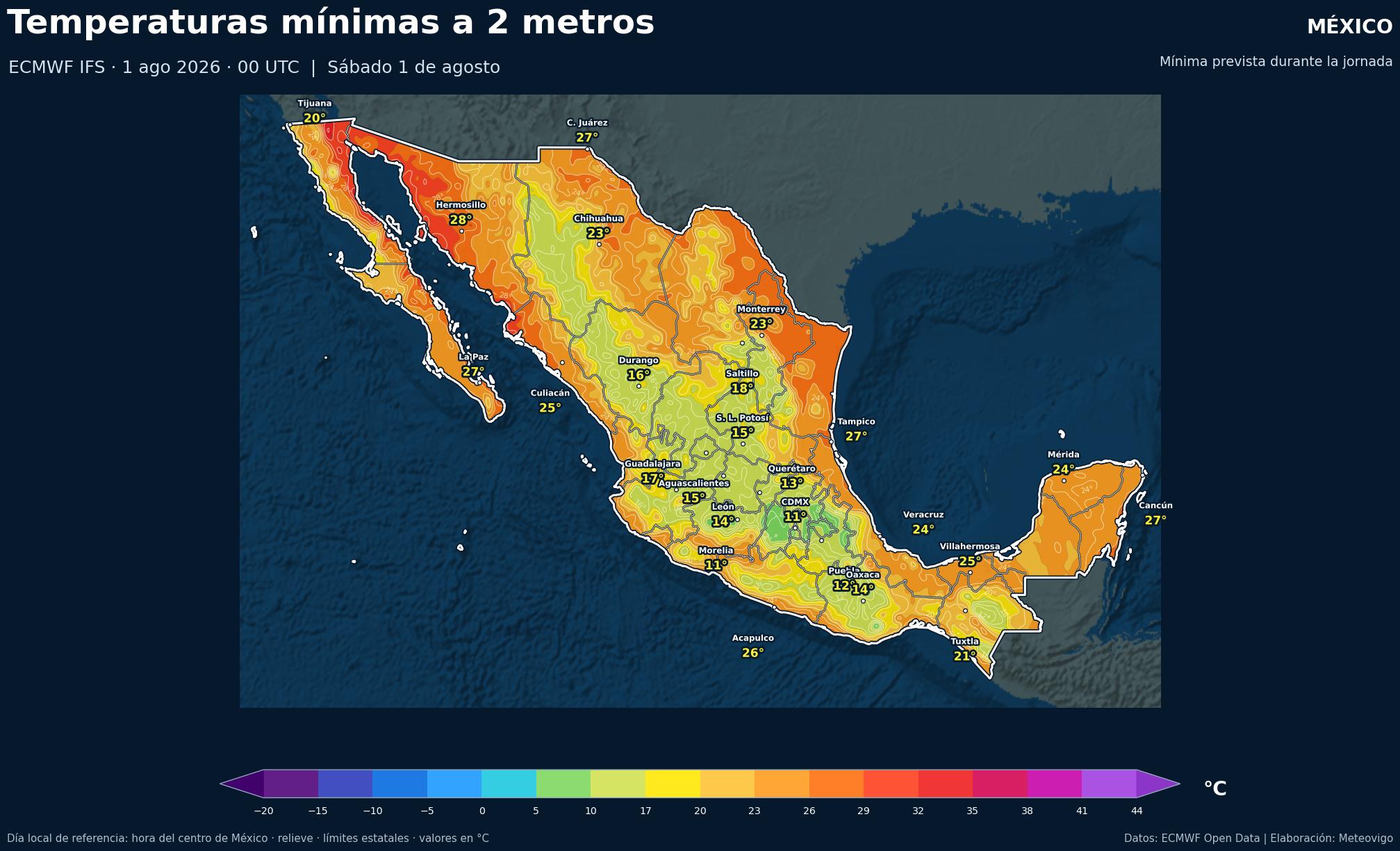 Temperaturas m&iacute;nimas previstas en M&eacute;xico para el s&aacute;bado 1 de agosto de 2026