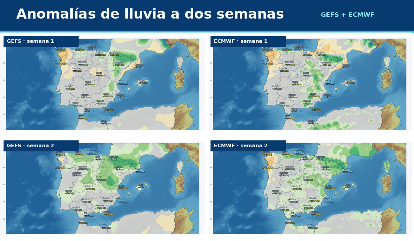 Portada de anomalías de precipitación en España a dos semanas con GEFS y ECMWF