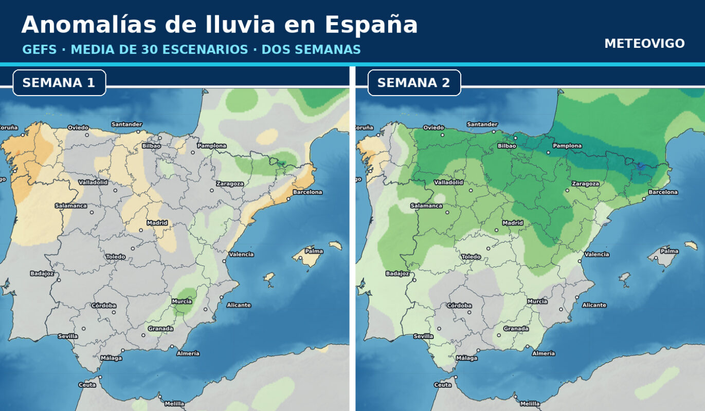 Portada de las anomalías de lluvia previstas en España durante dos semanas con el GEFS