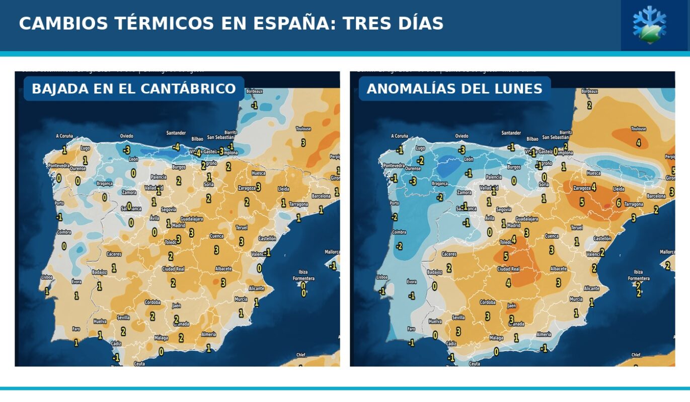 Portada del pronóstico de cambios de temperaturas y anomalías en España para los próximos tres días