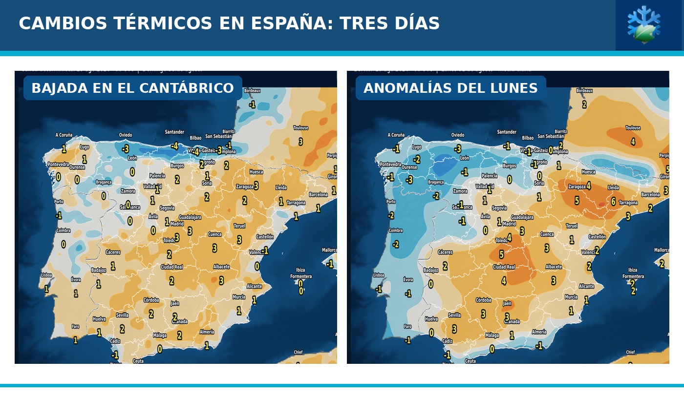 Portada del pronóstico de cambios de temperaturas y anomalías en España para los próximos tres días