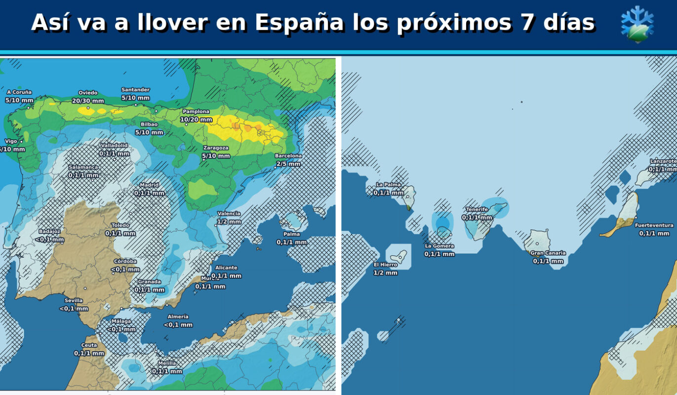 Portada del pronóstico de lluvias en España para los próximos siete días con el ensemble europeo