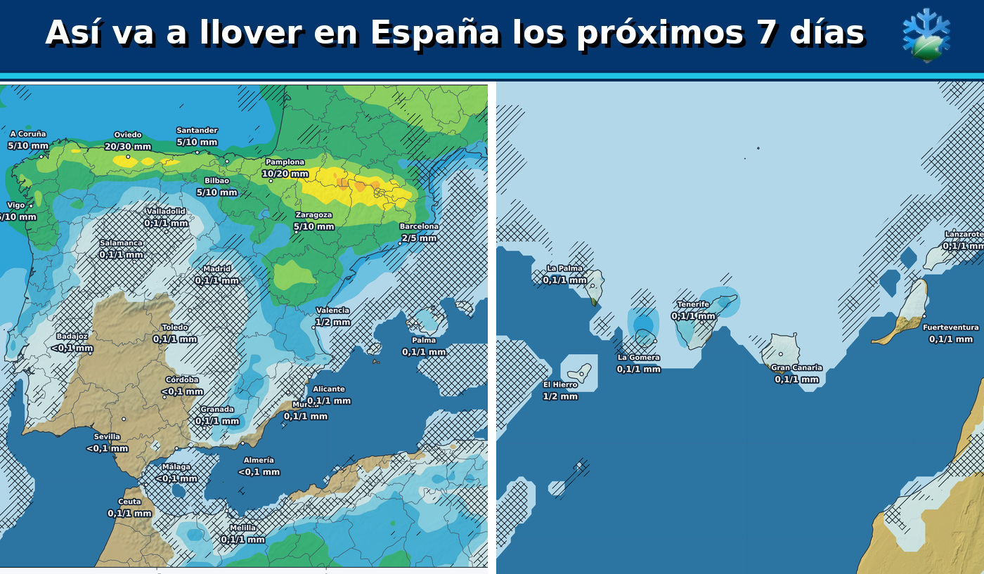 Portada del pronóstico de lluvias en España para los próximos siete días con el ensemble europeo