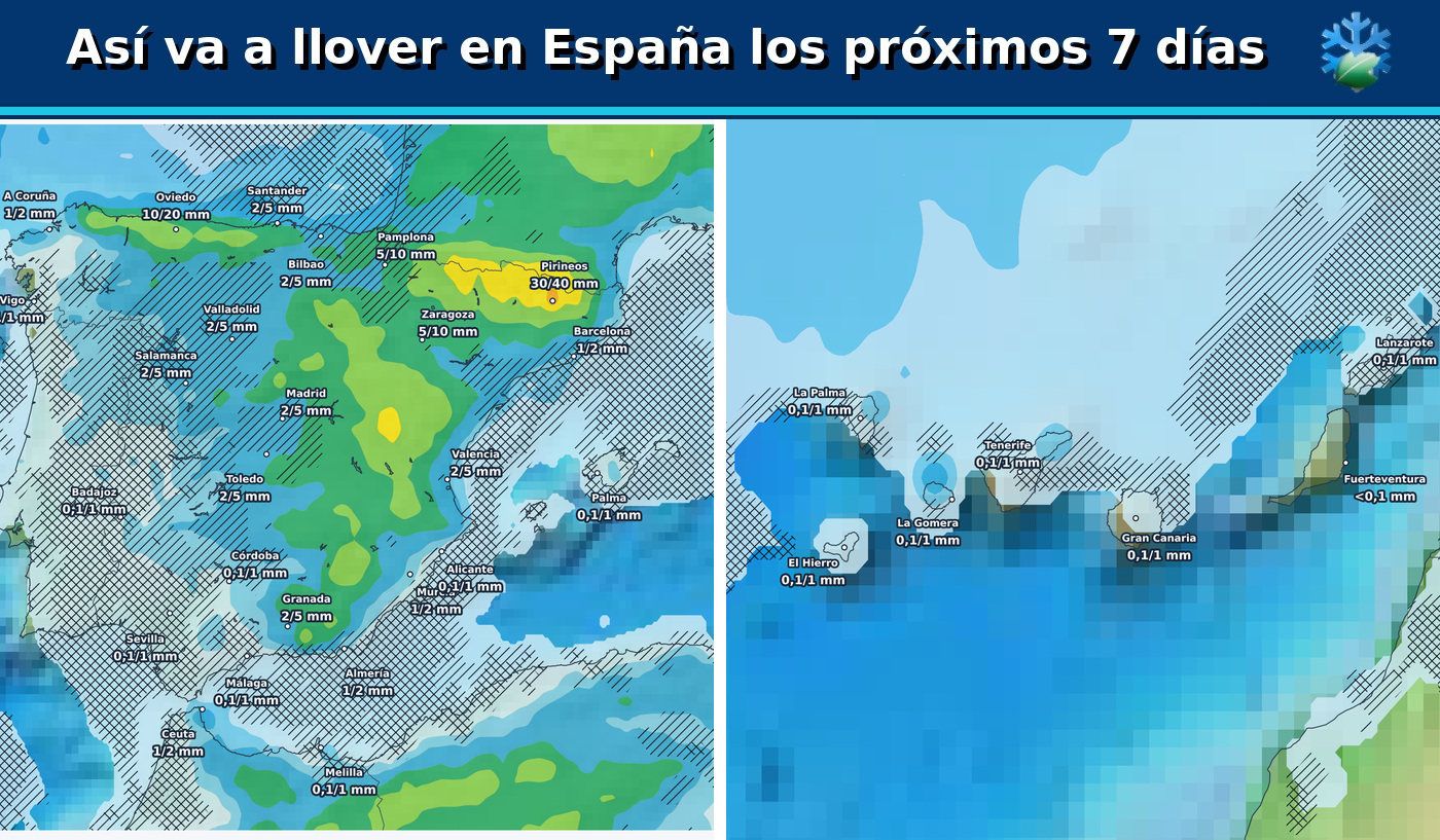 Portada del pronóstico de lluvias en España para los próximos siete días con el ensemble europeo
