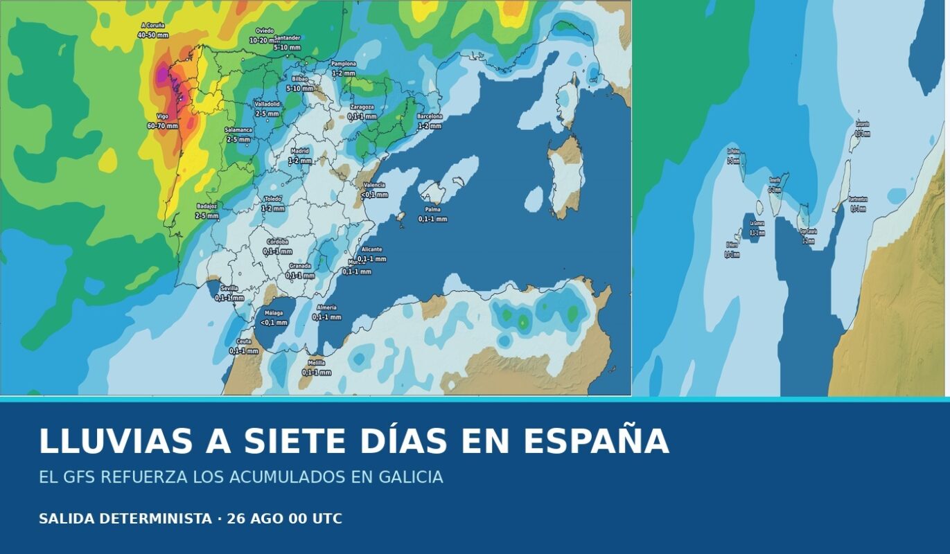 Portada del pronóstico de lluvias en España para los próximos siete días con límites provinciales