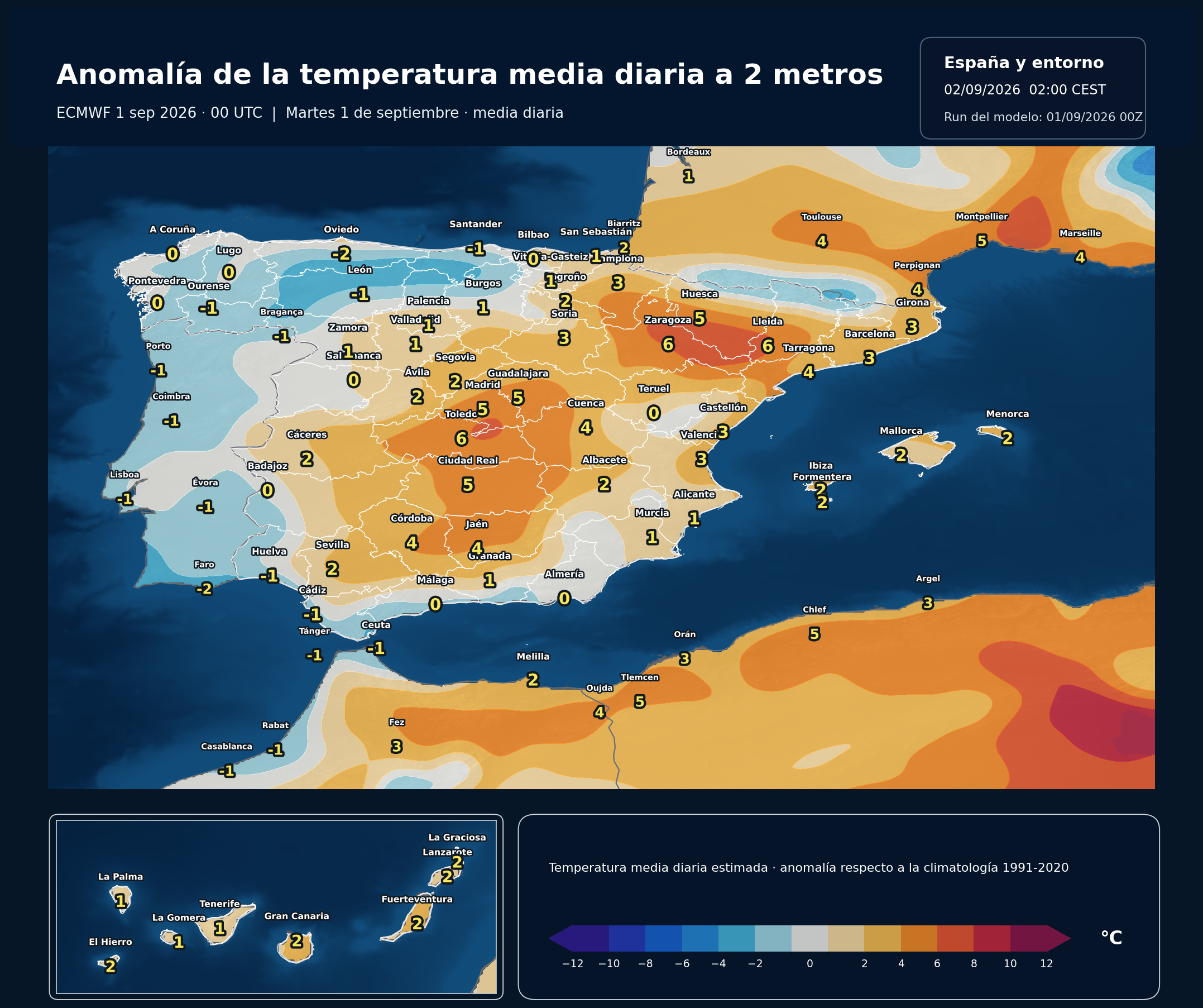 Anomalías térmicas previstas en España para el martes 1 de septiembre según el modelo europeo