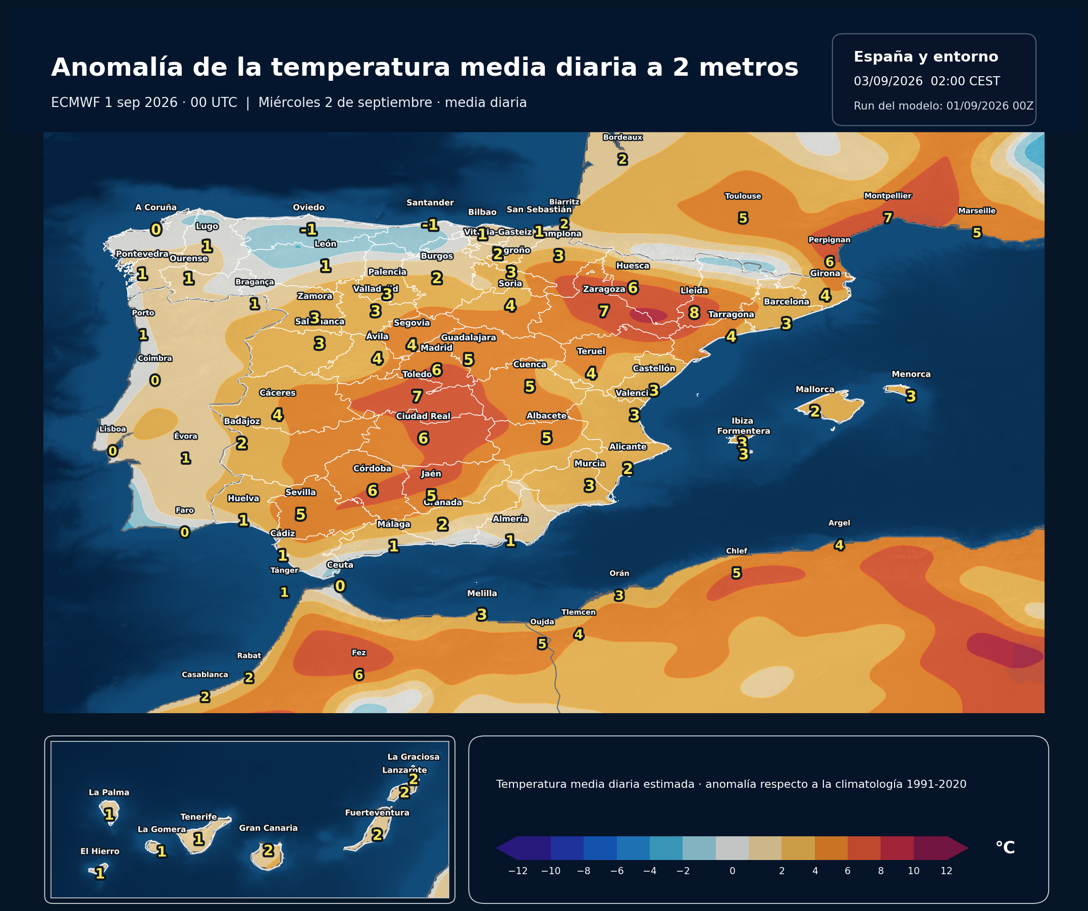 Anomalías térmicas previstas en España para el miércoles 2 de septiembre según el modelo europeo