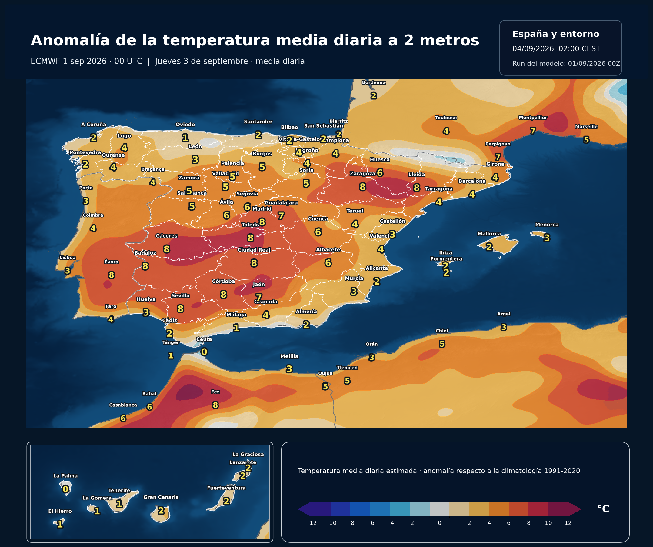 Anomalías térmicas previstas en España para el jueves 3 de septiembre según el modelo europeo