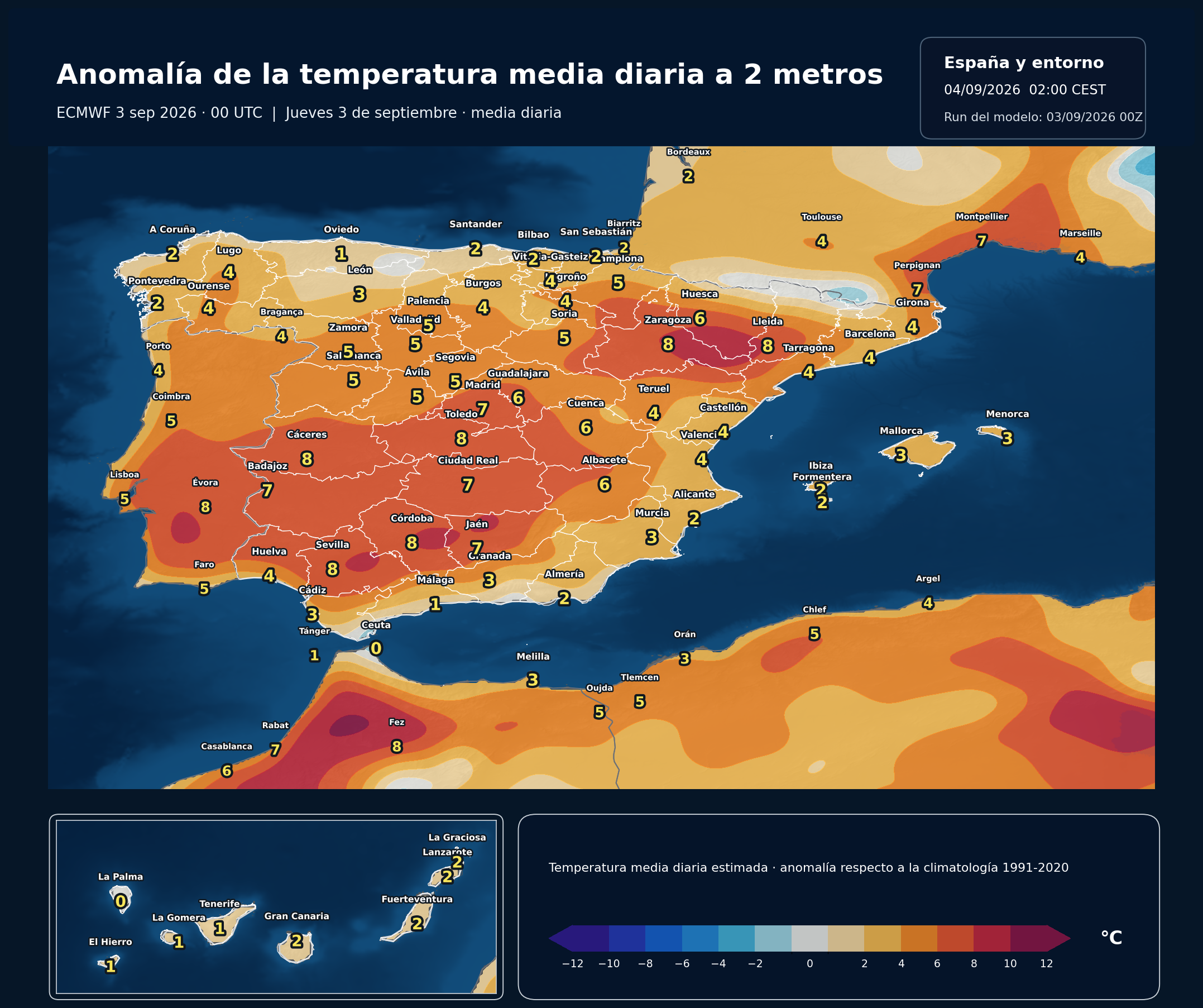 Anomal&iacute;as t&eacute;rmicas previstas en Espa&ntilde;a para el jueves 3 de septiembre seg&uacute;n el modelo europeo