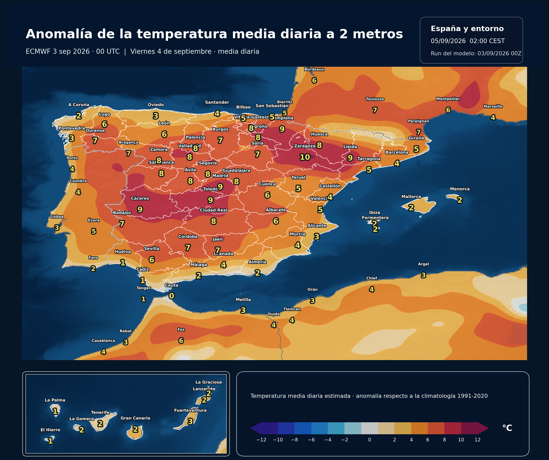 Anomal&iacute;as t&eacute;rmicas previstas en Espa&ntilde;a para el viernes 4 de septiembre seg&uacute;n el modelo europeo