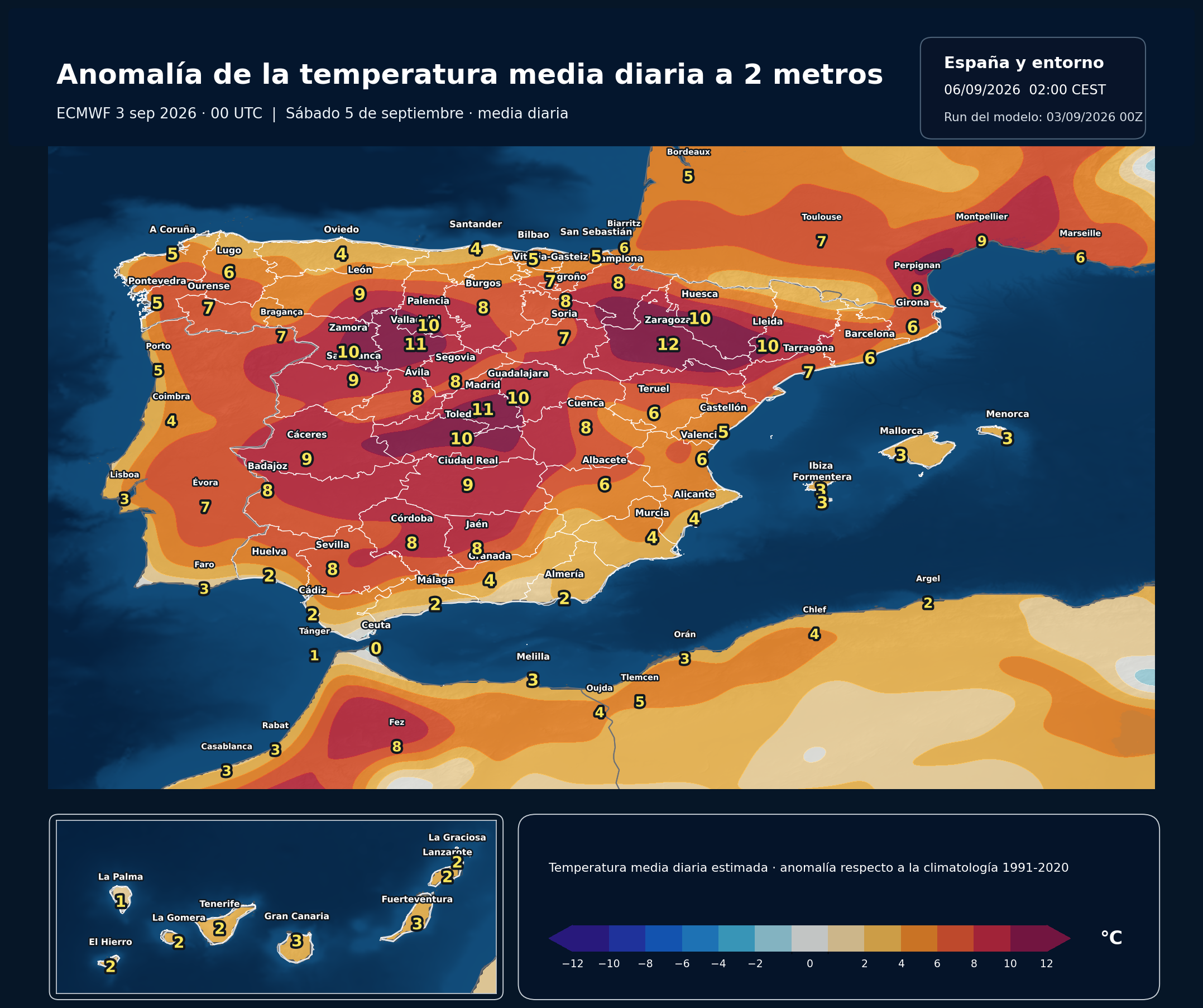 Anomal&iacute;as t&eacute;rmicas previstas en Espa&ntilde;a para el s&aacute;bado 5 de septiembre seg&uacute;n el modelo europeo