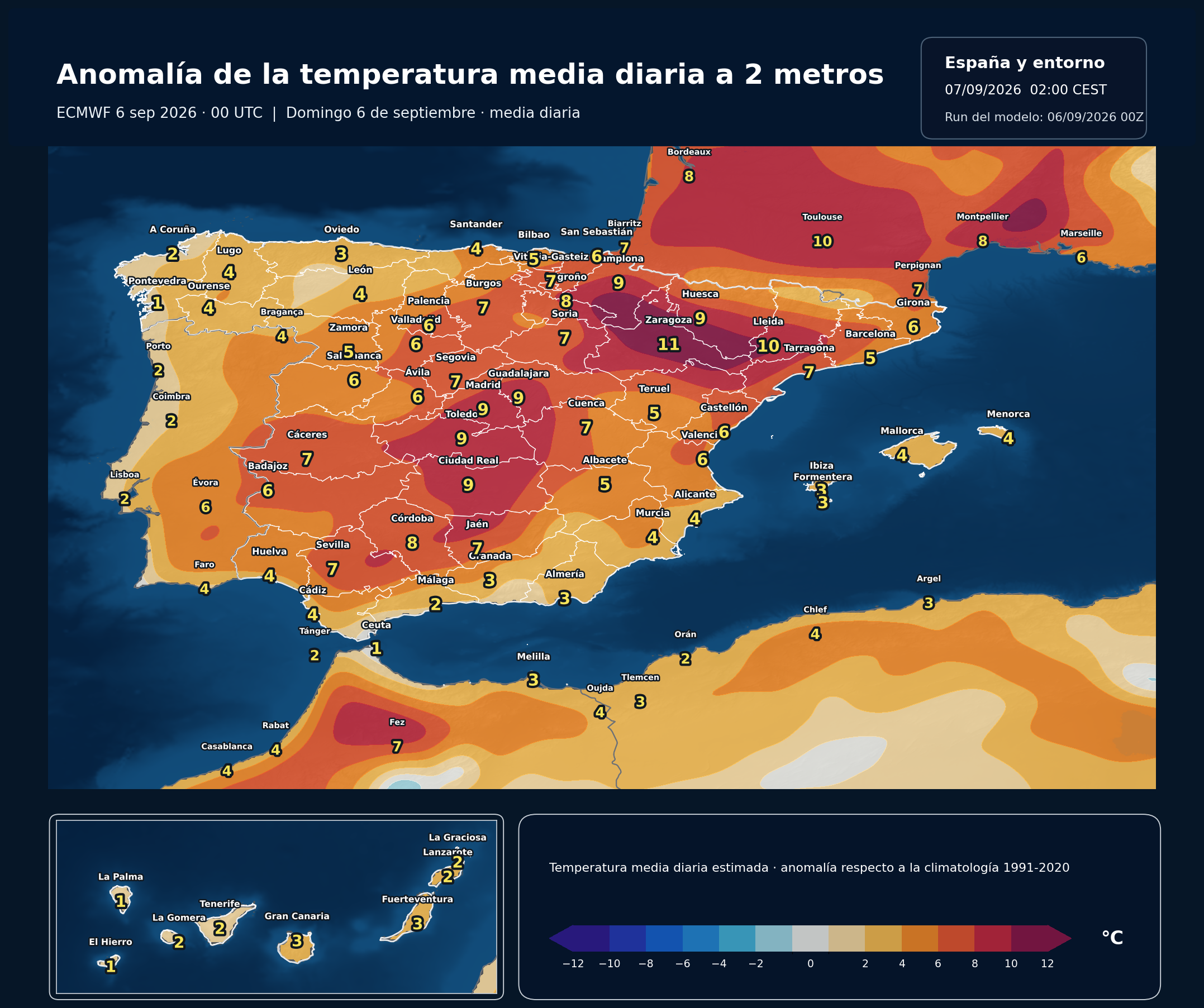 Anomalías térmicas previstas en España para el domingo 6 de septiembre según el modelo europeo