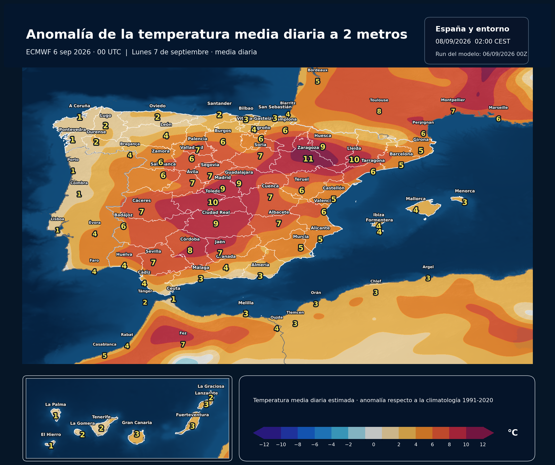 Anomalías térmicas previstas en España para el lunes 7 de septiembre según el modelo europeo