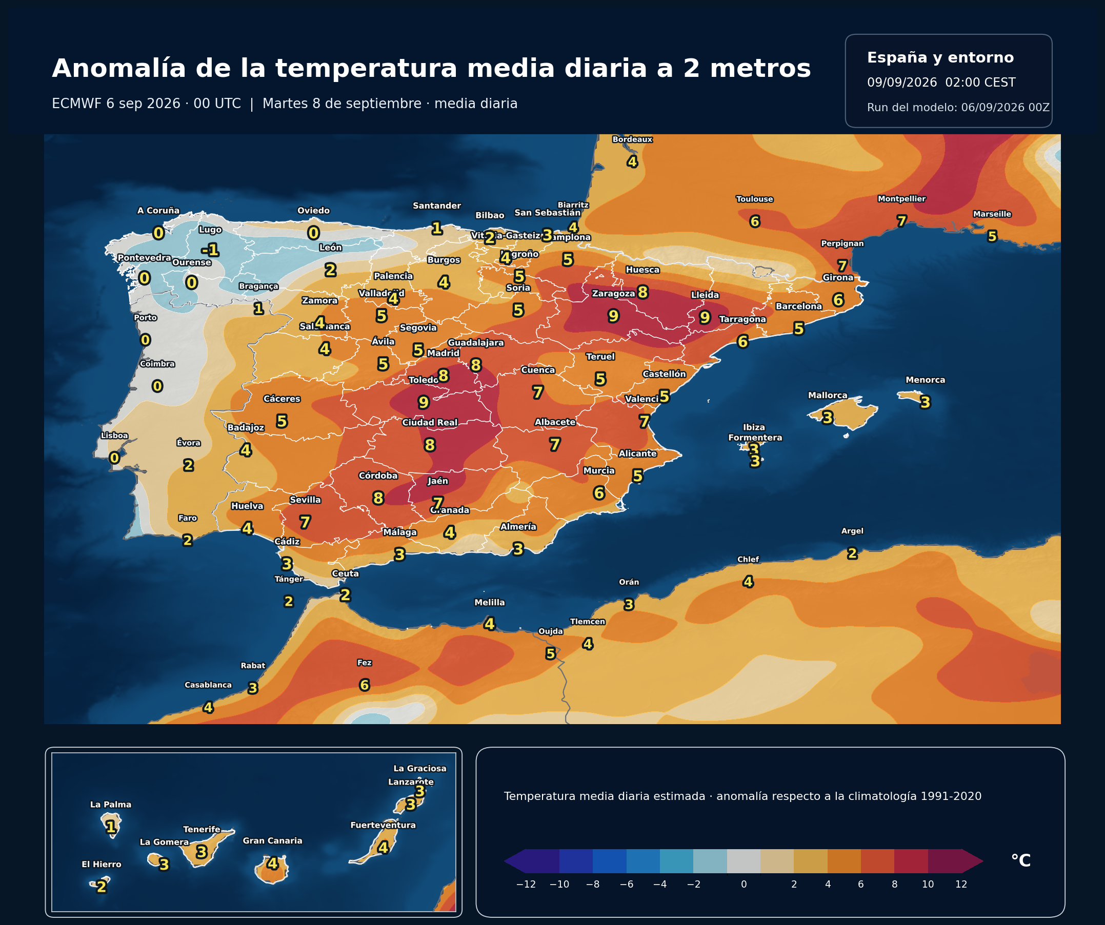 Anomalías térmicas previstas en España para el martes 8 de septiembre según el modelo europeo