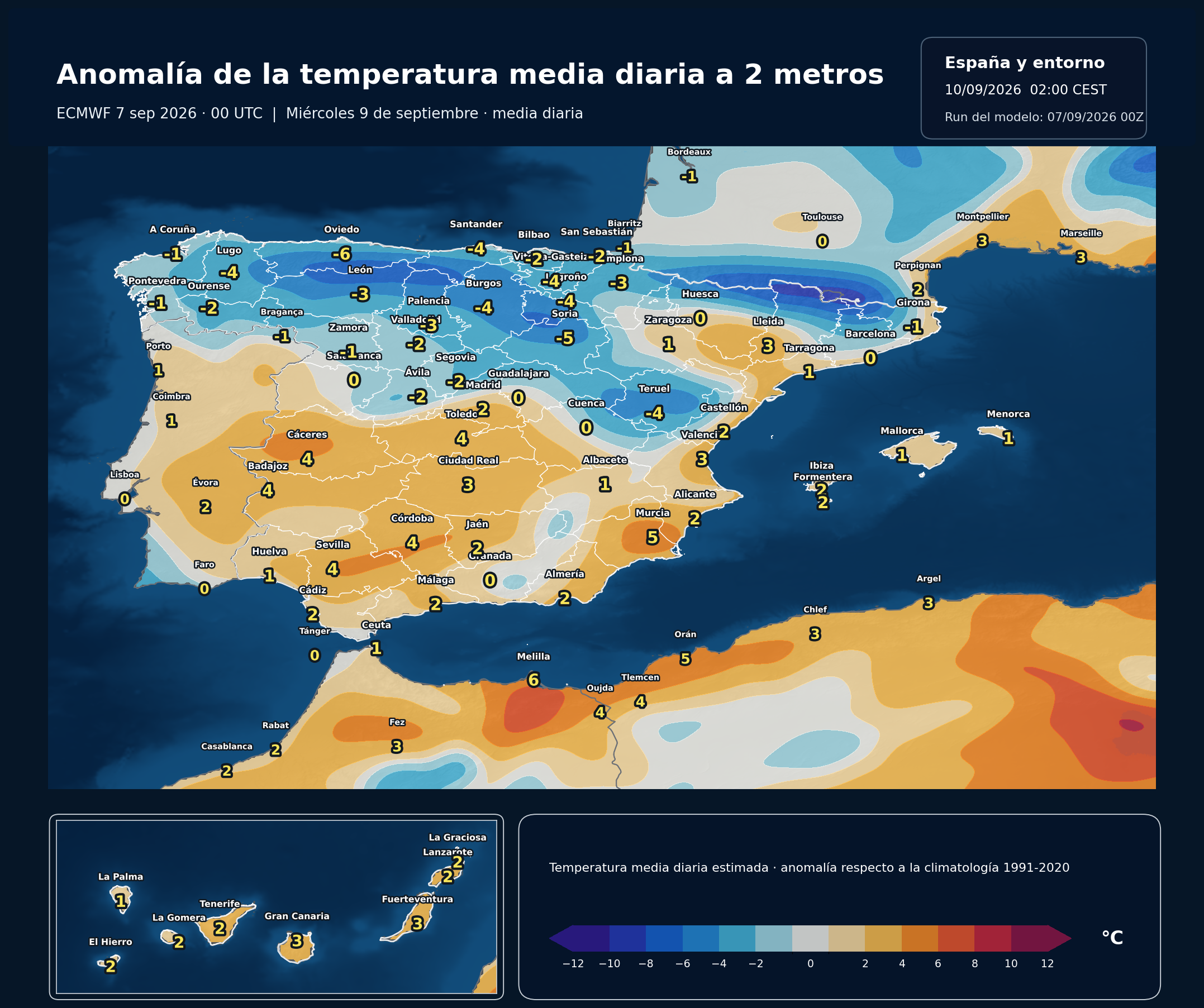 Anomalías térmicas previstas en España para el miércoles 9 de septiembre según el modelo europeo
