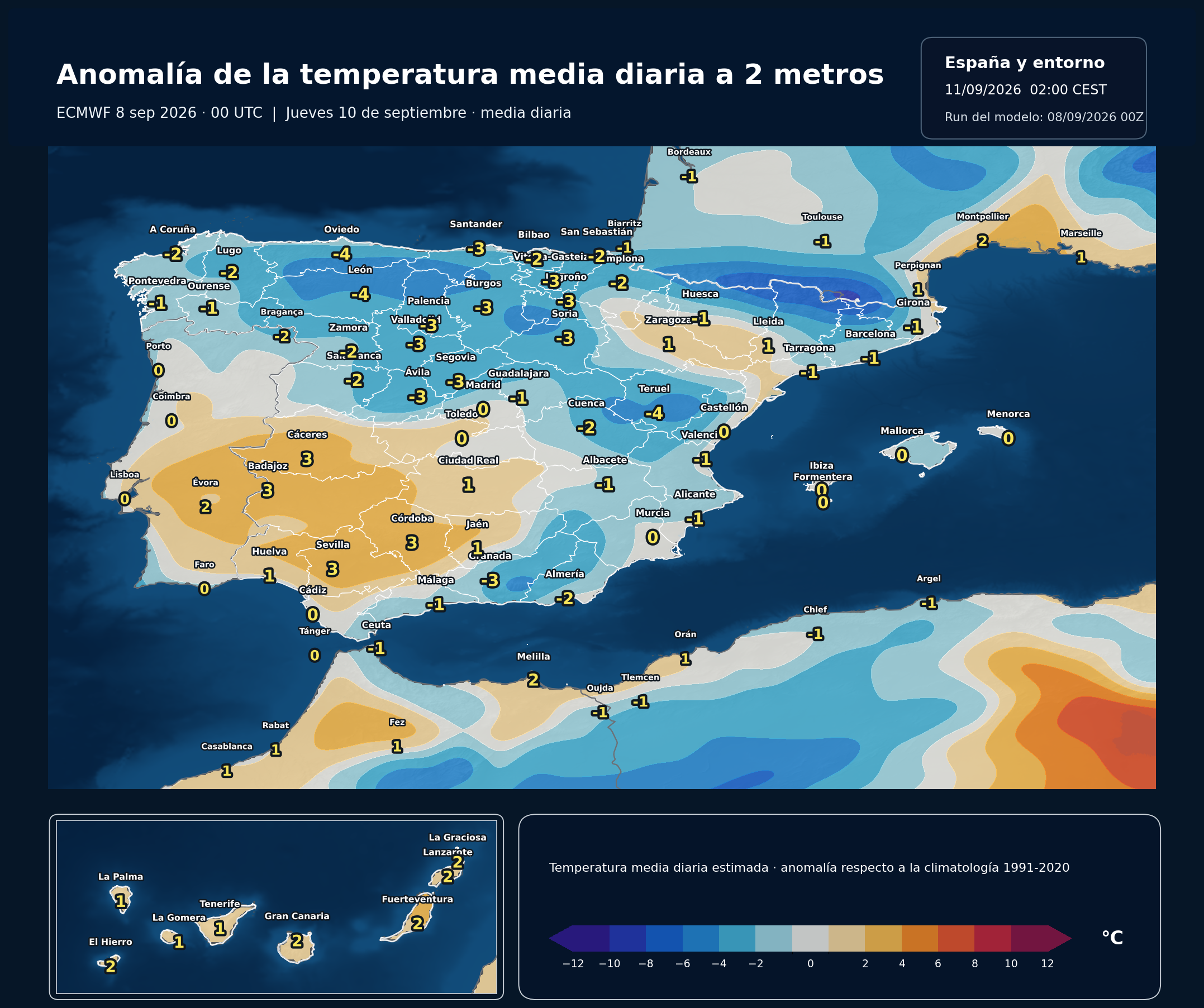 Anomalías térmicas previstas en España para el jueves 10 de septiembre según el modelo europeo