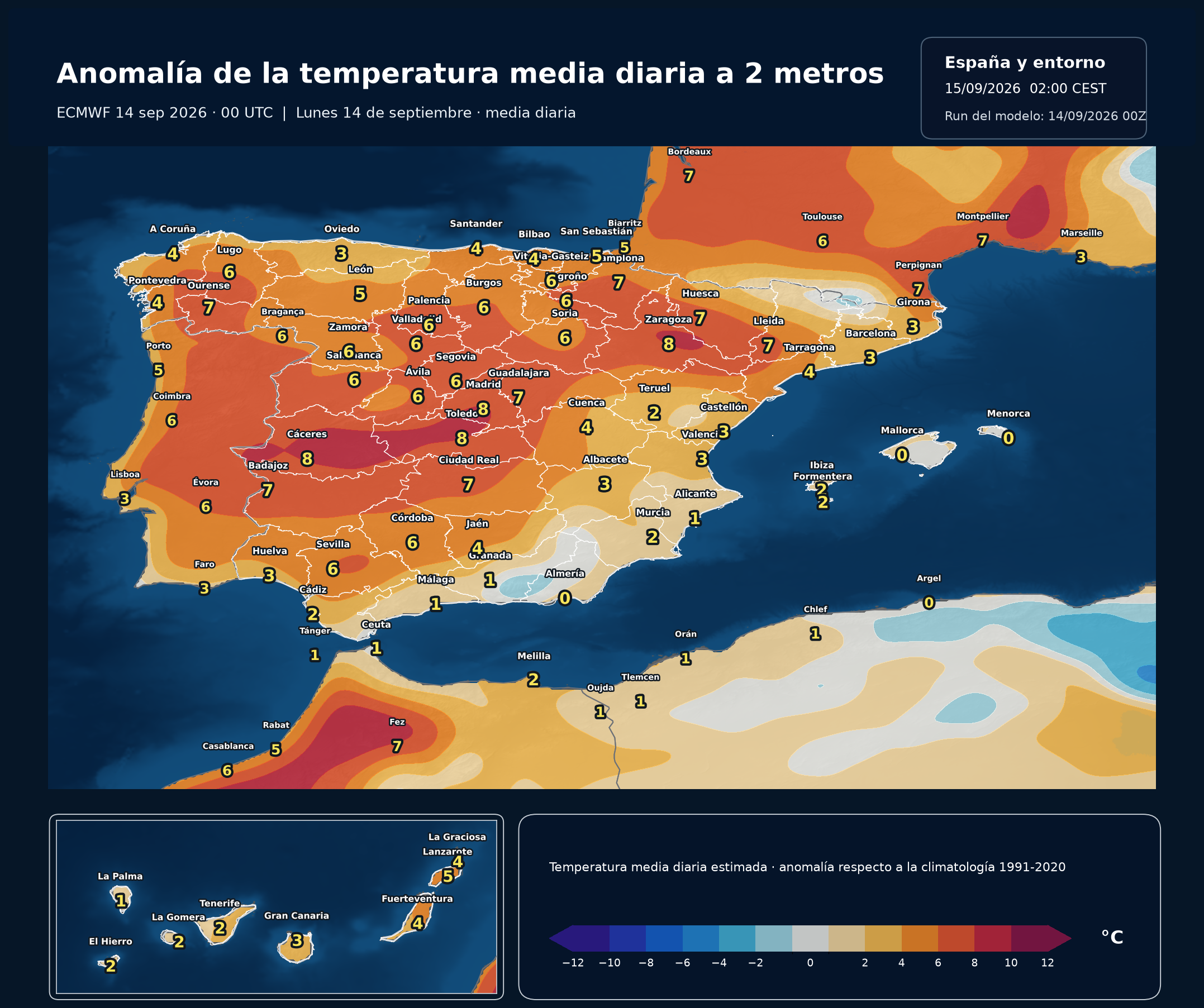 Anomalías de la temperatura media diaria en España para el lunes 14 de septiembre respecto a 1991-2020