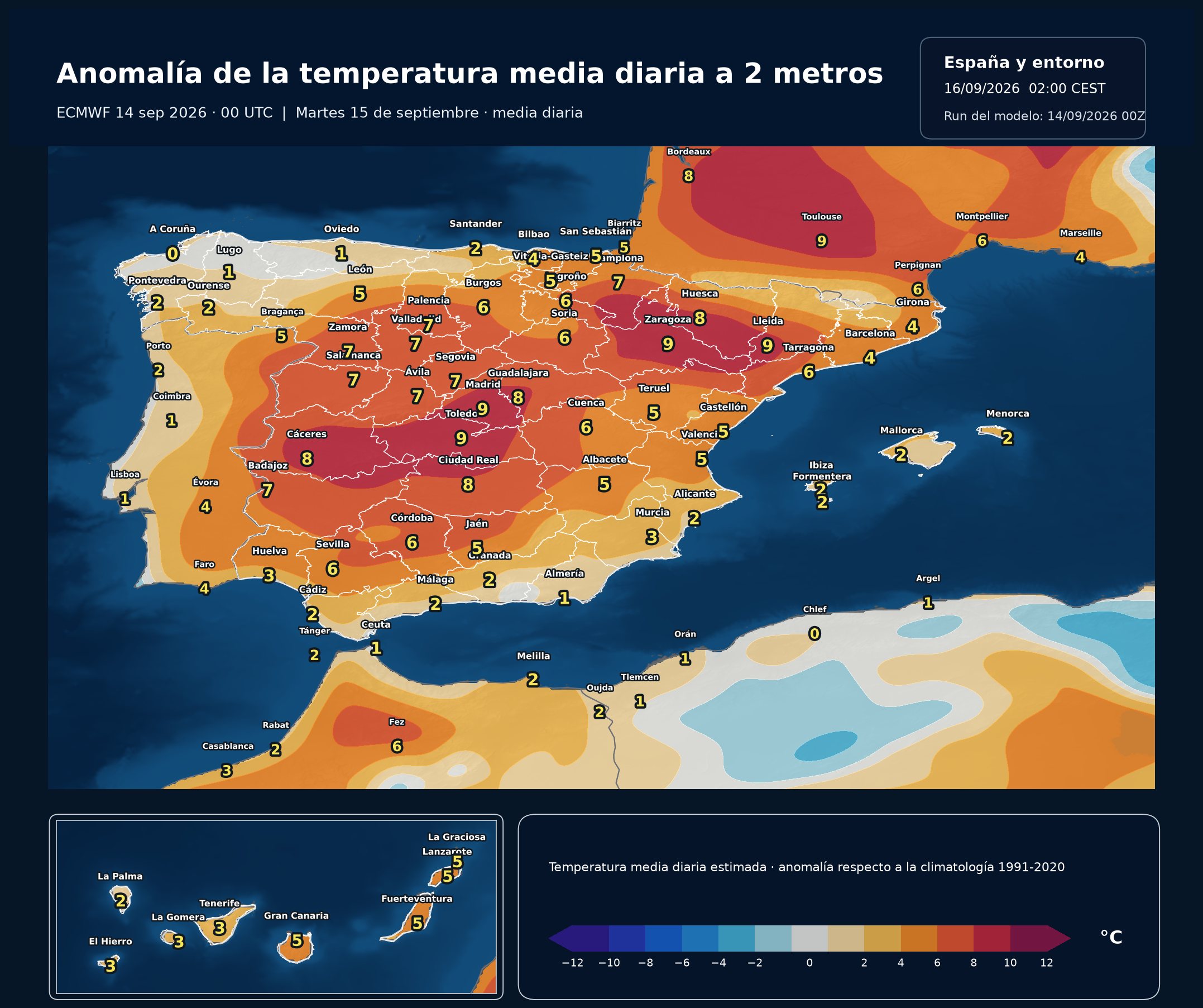 Anomalías de la temperatura media diaria en España para el martes 15 de septiembre respecto a 1991-2020